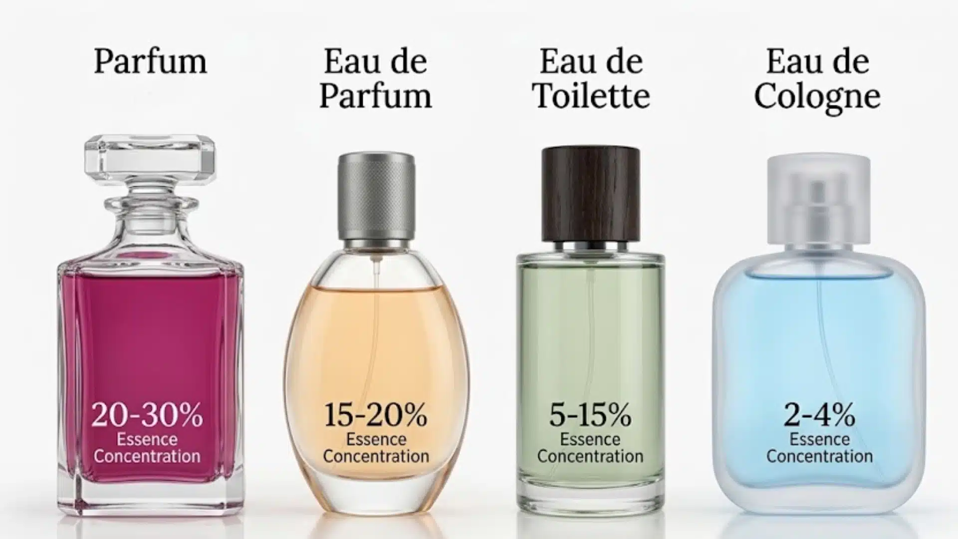 Perfume concentration chart showing parfum, eau de parfum, eau de toilette, and cologne