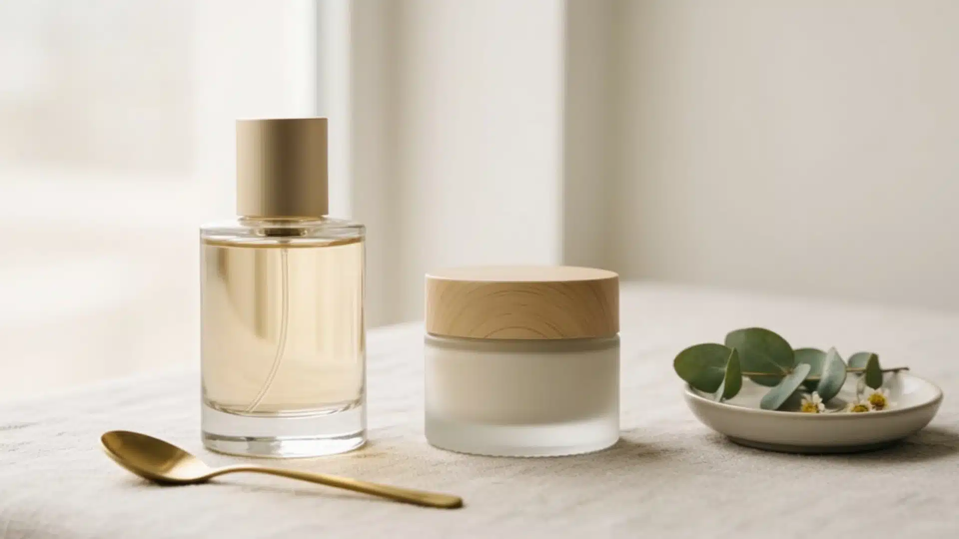 Perfume bottle and moisturizer jar on a soft linen surface with eucalyptus leaves and natural light