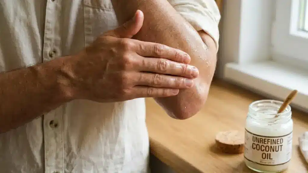 Person applying coconut oil to dry elbow near jar of unrefined coconut oil