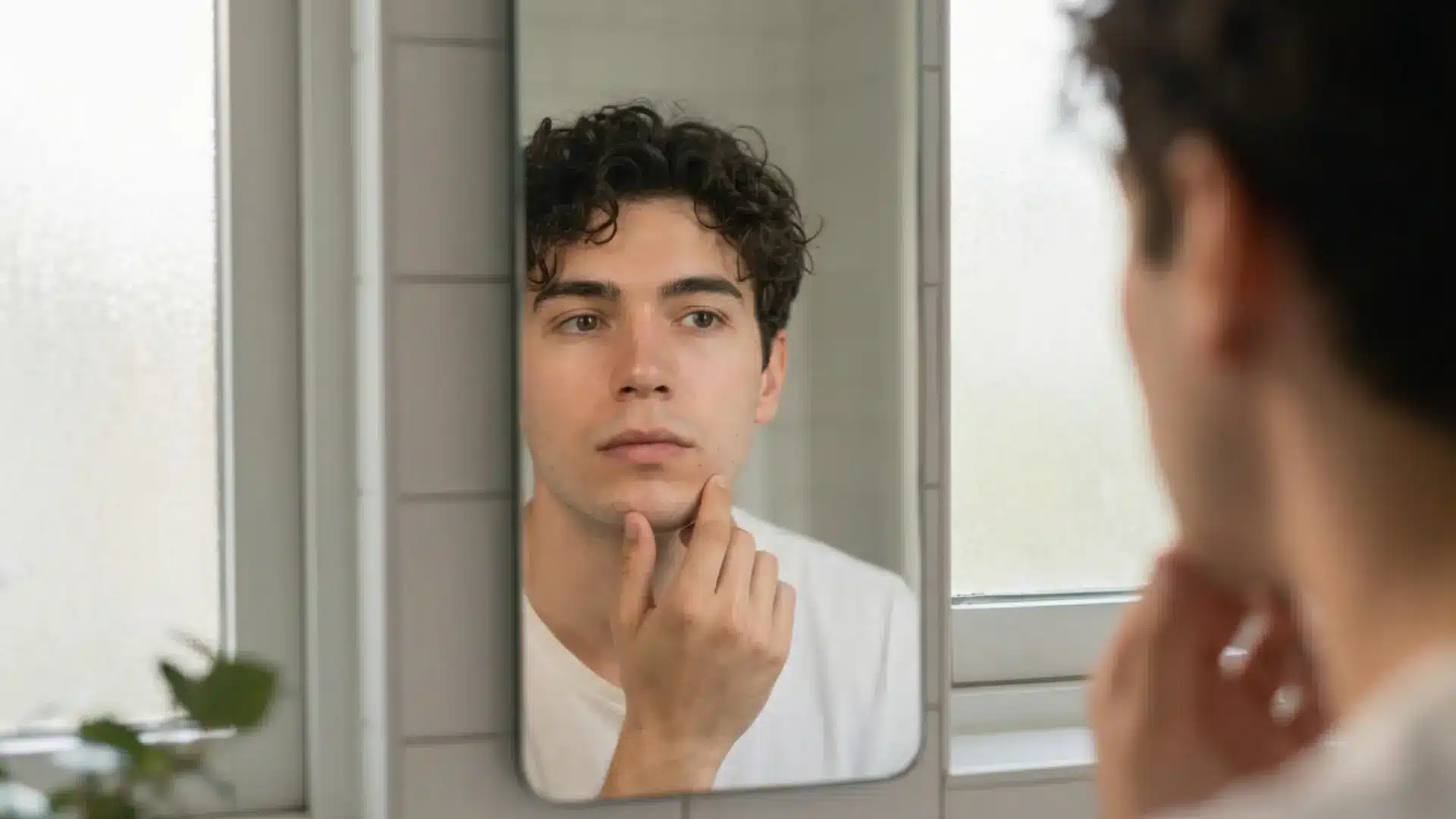 Person checking jawline breakouts in mirror under natural morning light