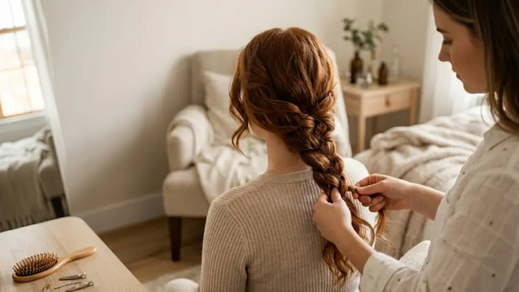 Person creating a loose braided hairstyle on red hair in a cozy bedroom with natural daylight filtering in