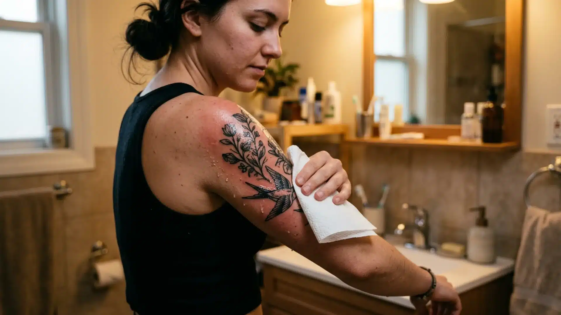 Person gently patting a freshly tattooed arm dry with a clean paper towel