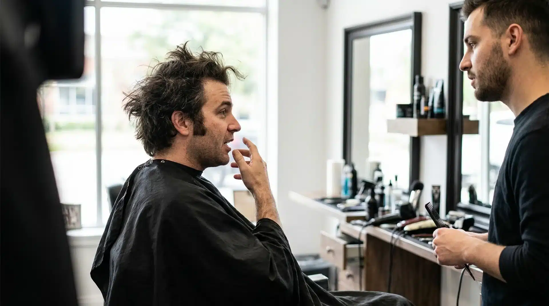 Person in barber cape explaining a haircut to a barber while facing a mirror in a barbershop