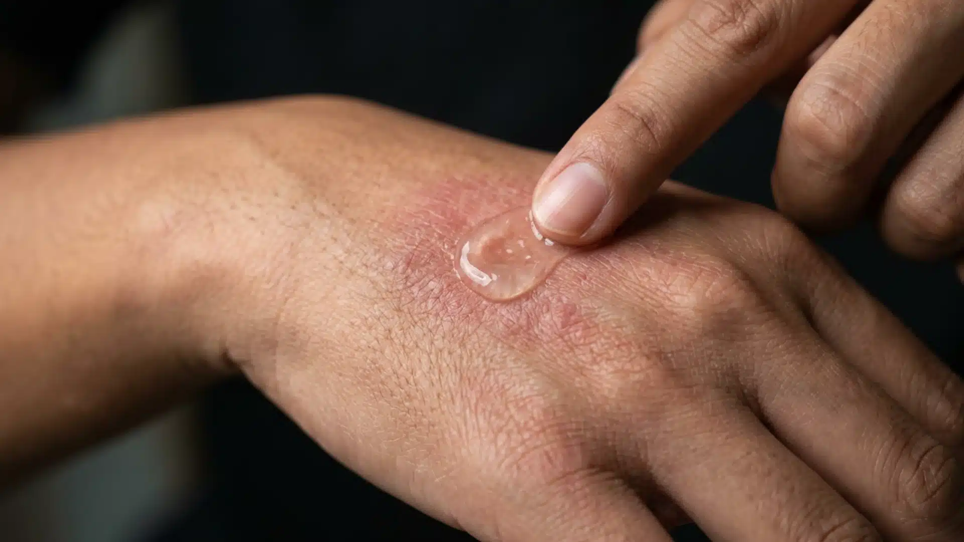 Person applying gel to an eczema rash on the back of their hand