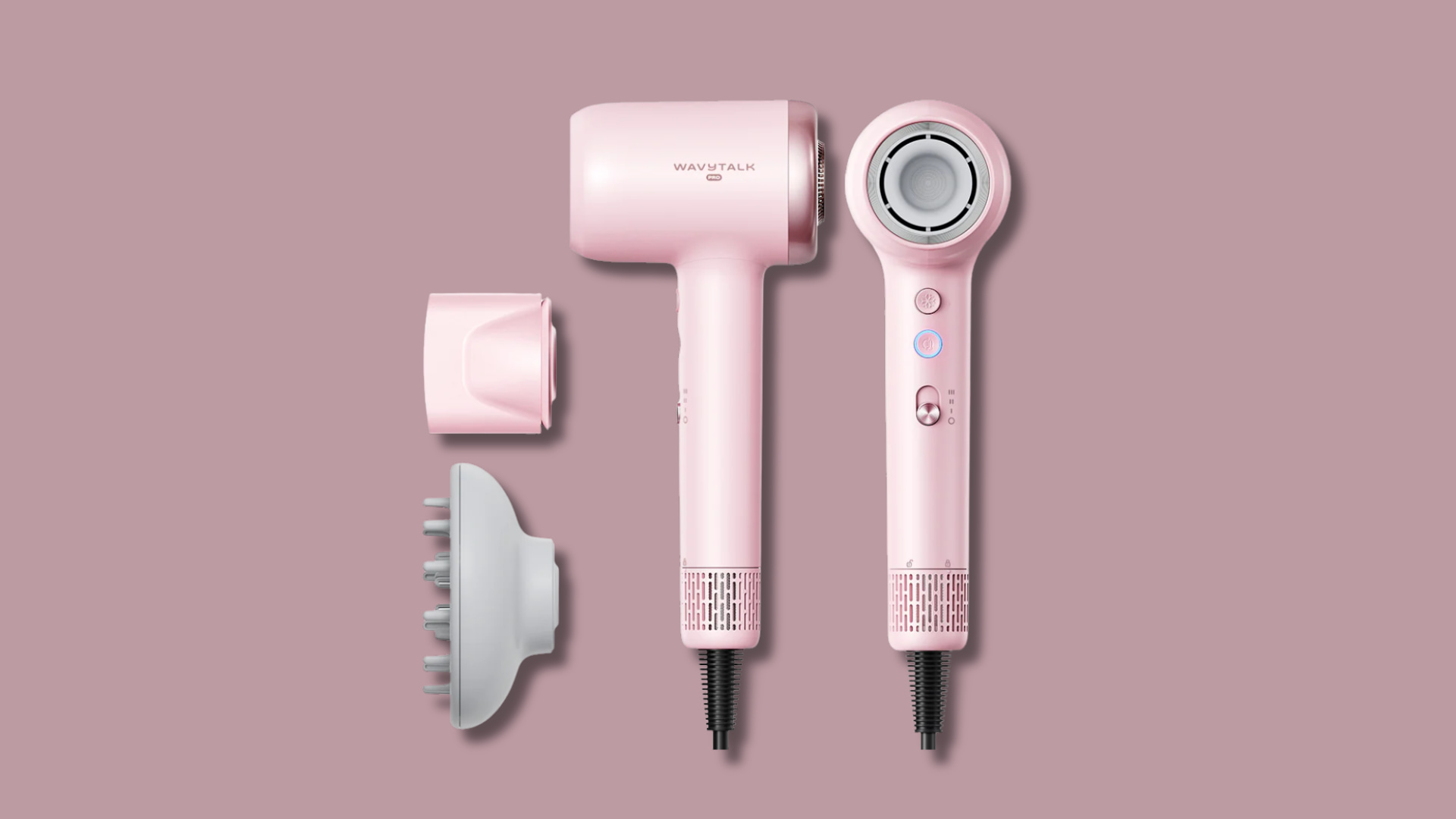 Pink WavyTalk Pro hair dryer and attachments on a pink background
