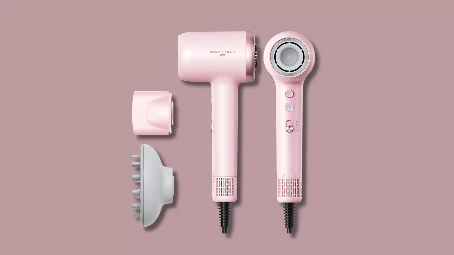 Pink WavyTalk Pro hair dryer and attachments on a pink background