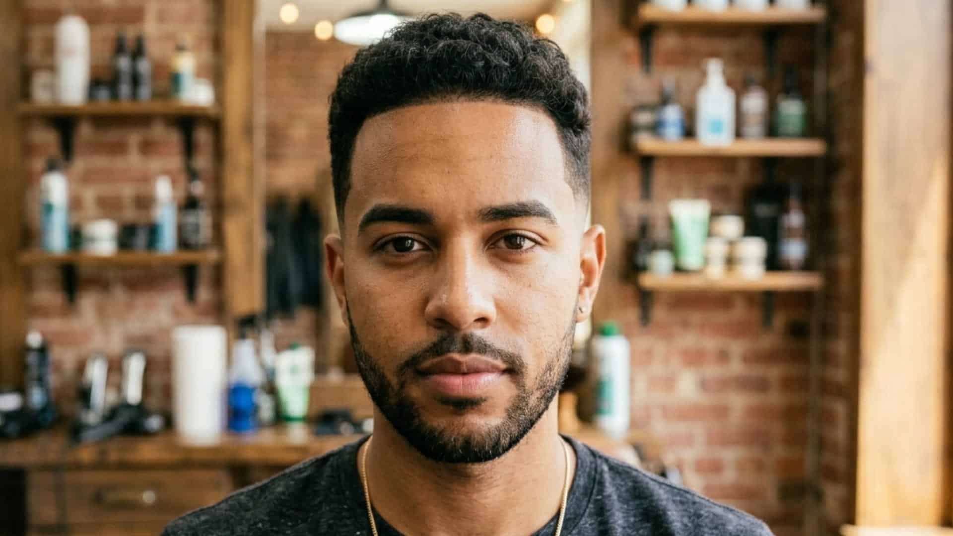 Portrait of a man with a clean temple fade haircut and a beard inside a barbershop