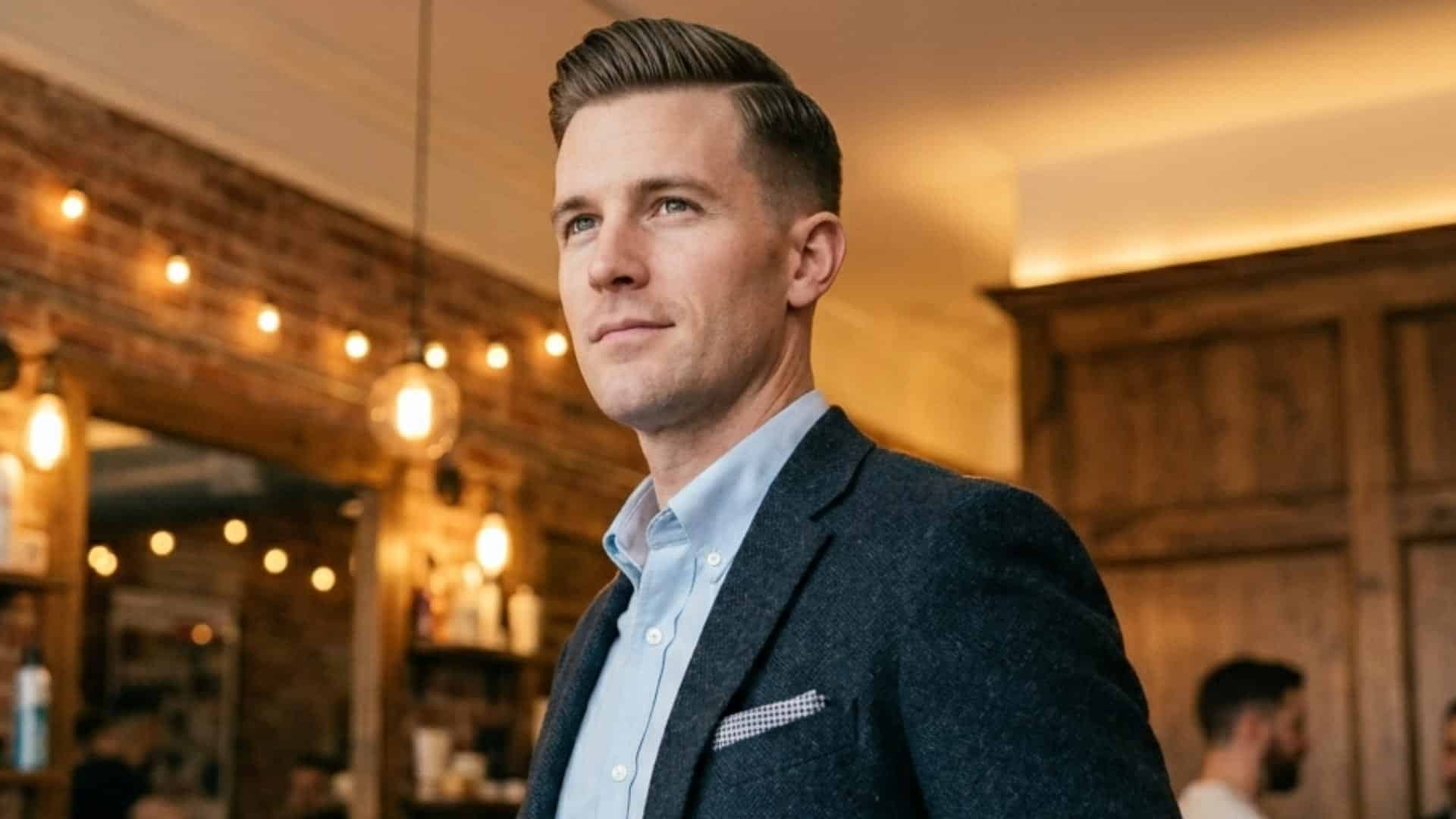 Portrait of a man with a clean temple fade haircut and a beard inside a shop