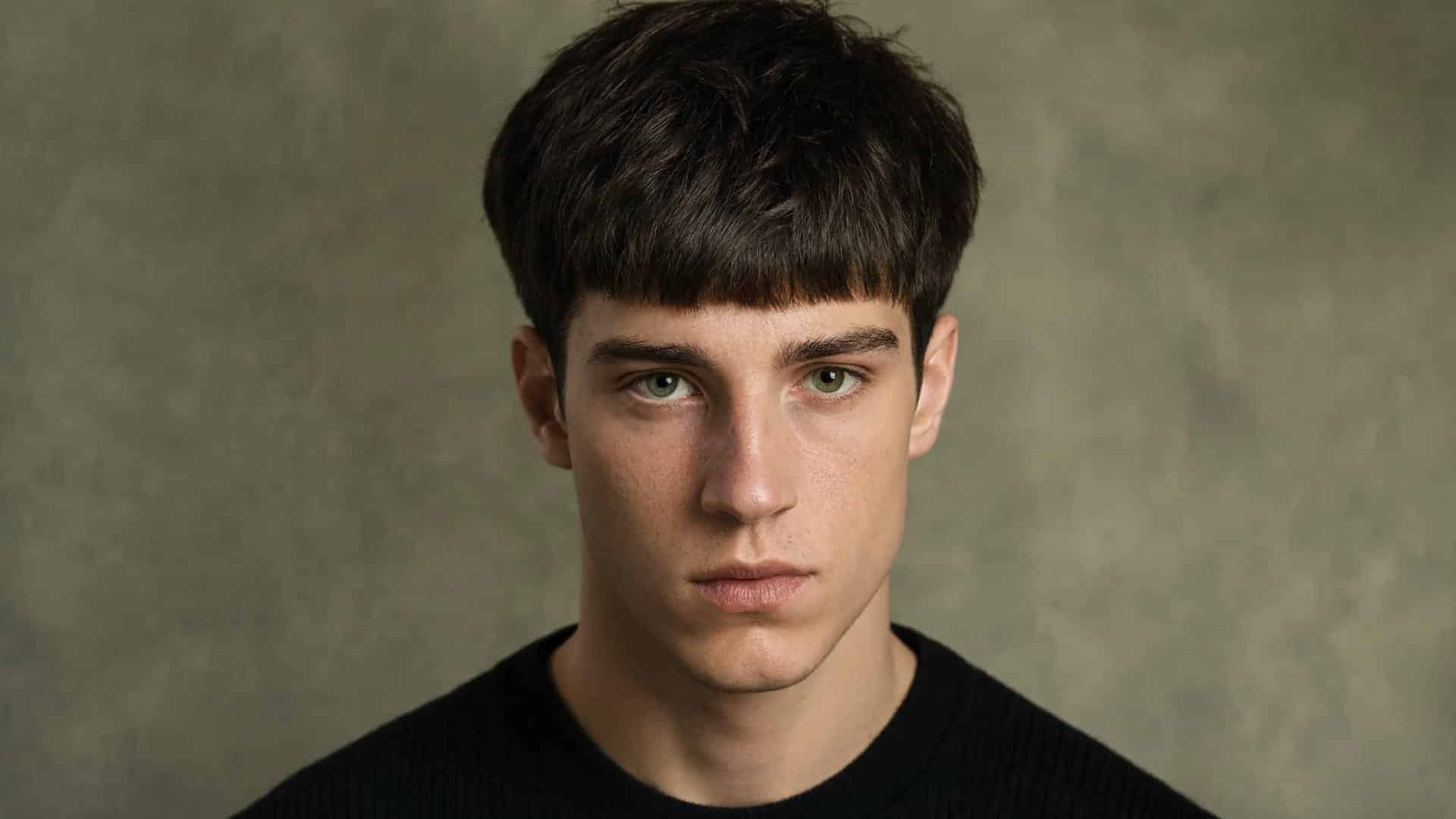 portrait of a young man with a thick, long fringe Caesar haircut against a textured olive green backdrop