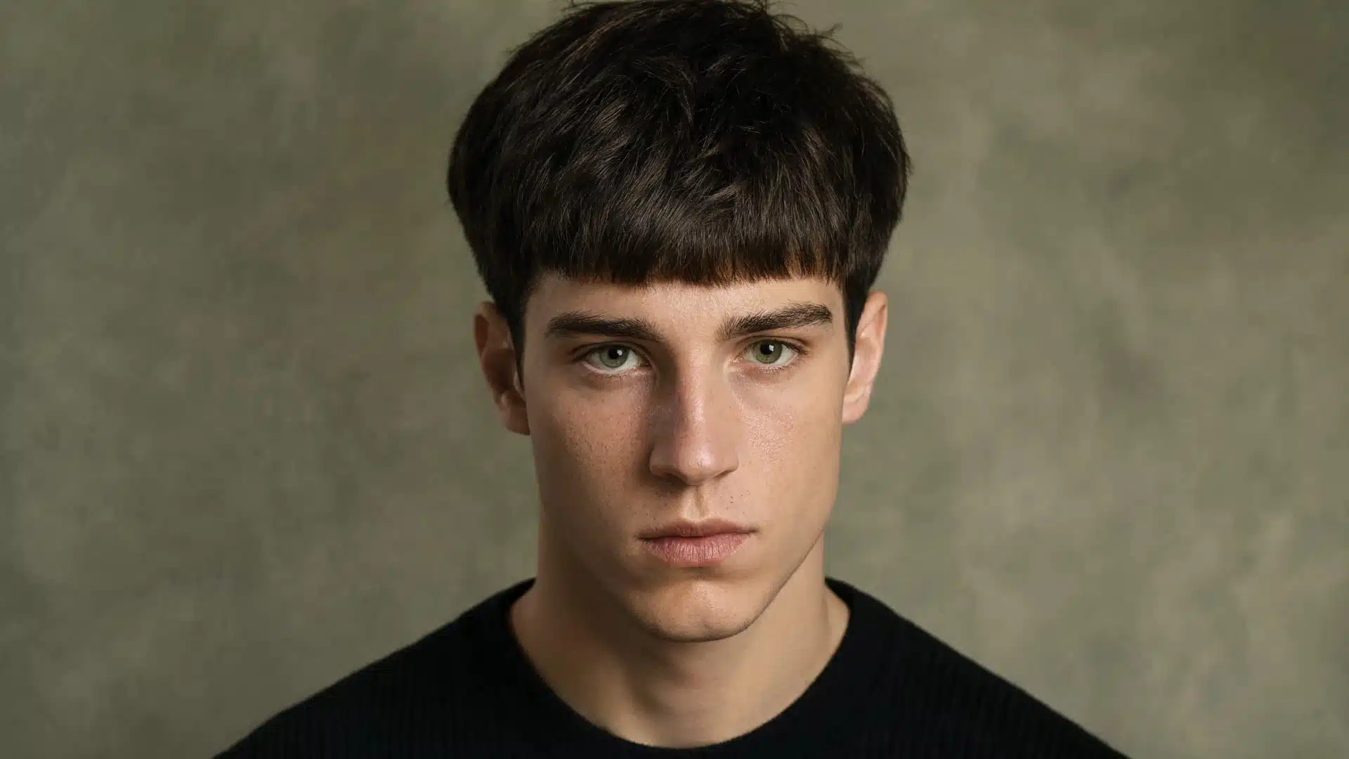 portrait of a young man with a thick, long fringe Caesar haircut against a textured olive green backdrop