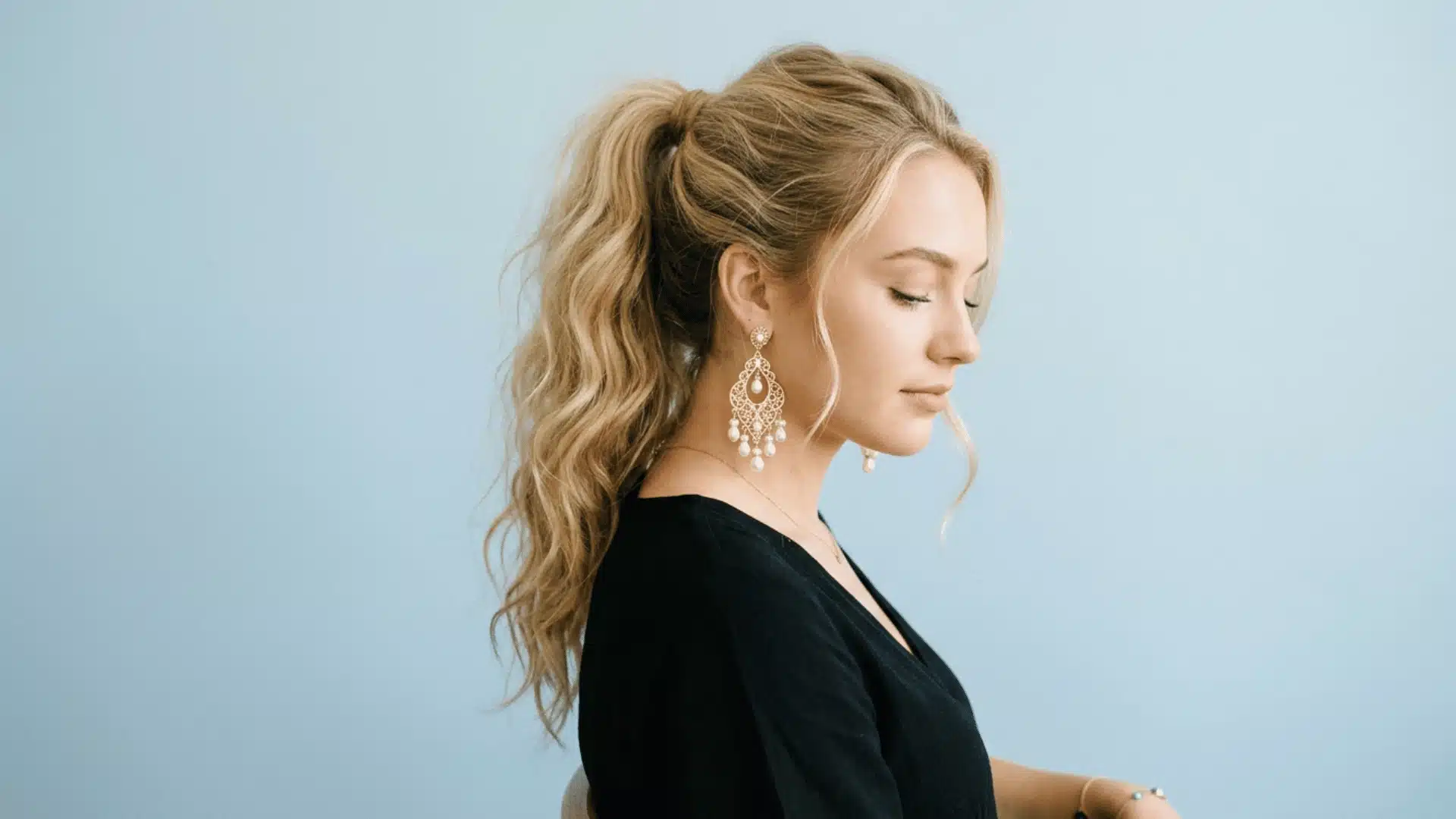Profile of a blonde woman wearing a high, wavy ponytail and large ornate gold earrings against a light blue background