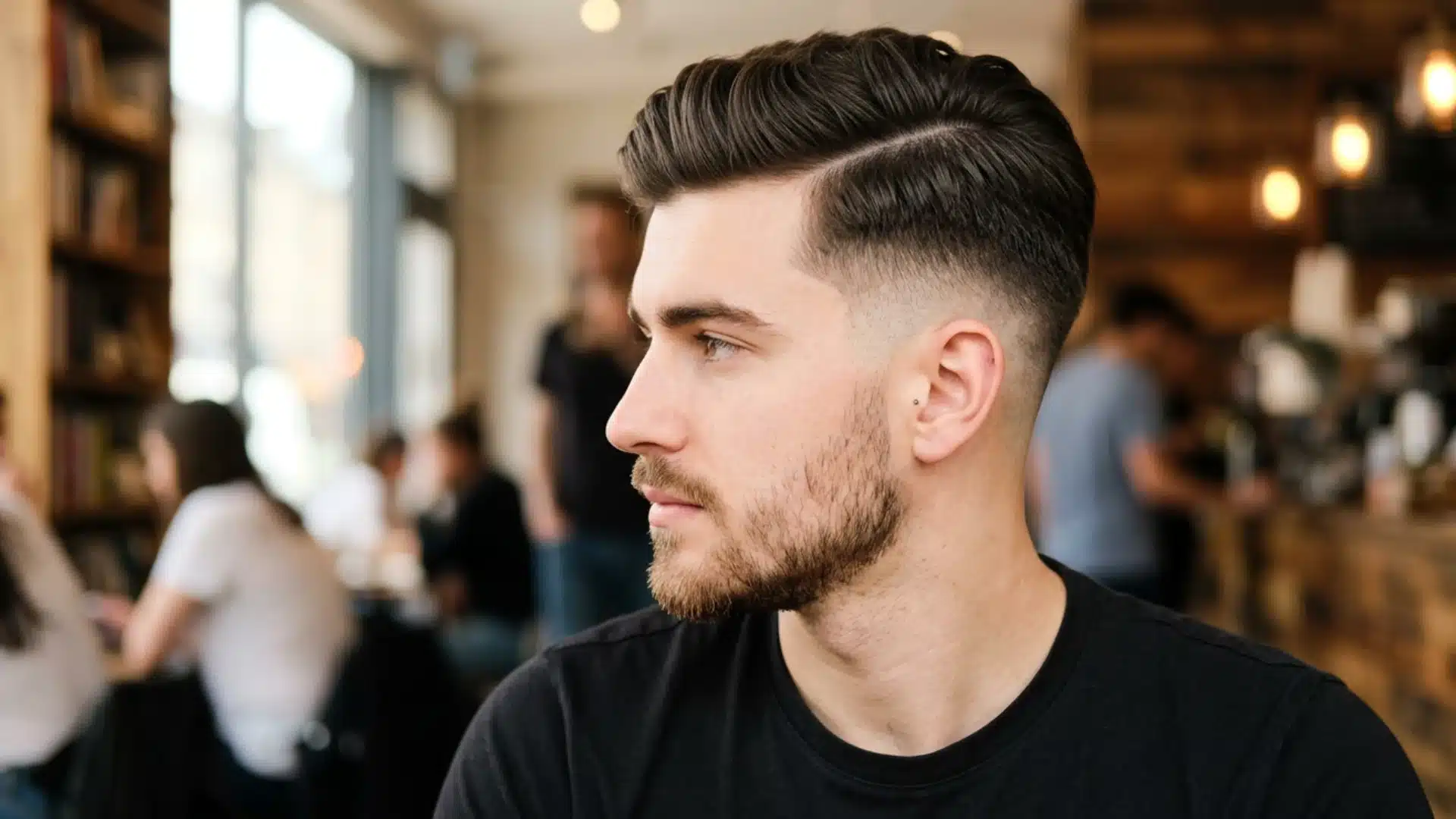 Profile of a man with a classic side-part haircut, sharp mid fade, and light stubble inside a busy cafe
