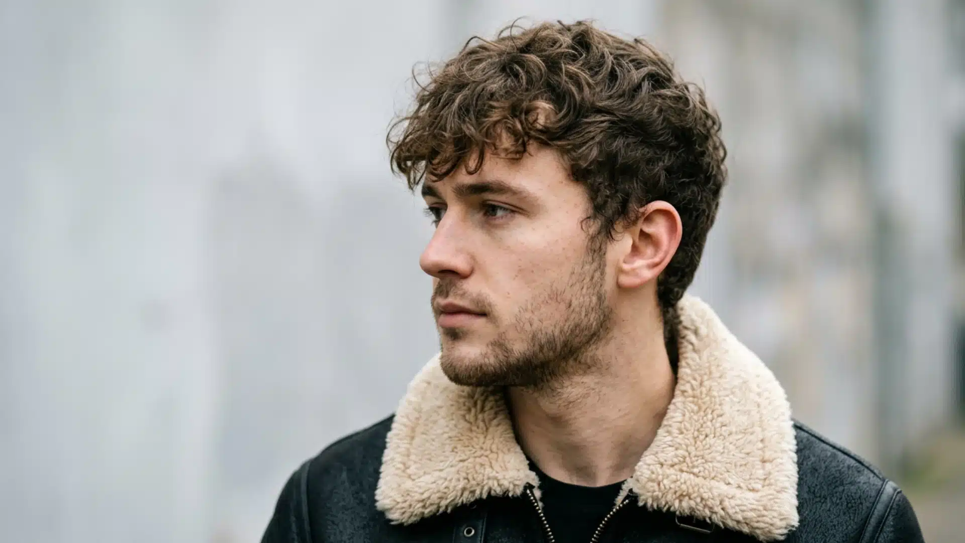 Profile of a man with a curly, loose fringe hairstyle and light stubble, looking away against a soft, light background