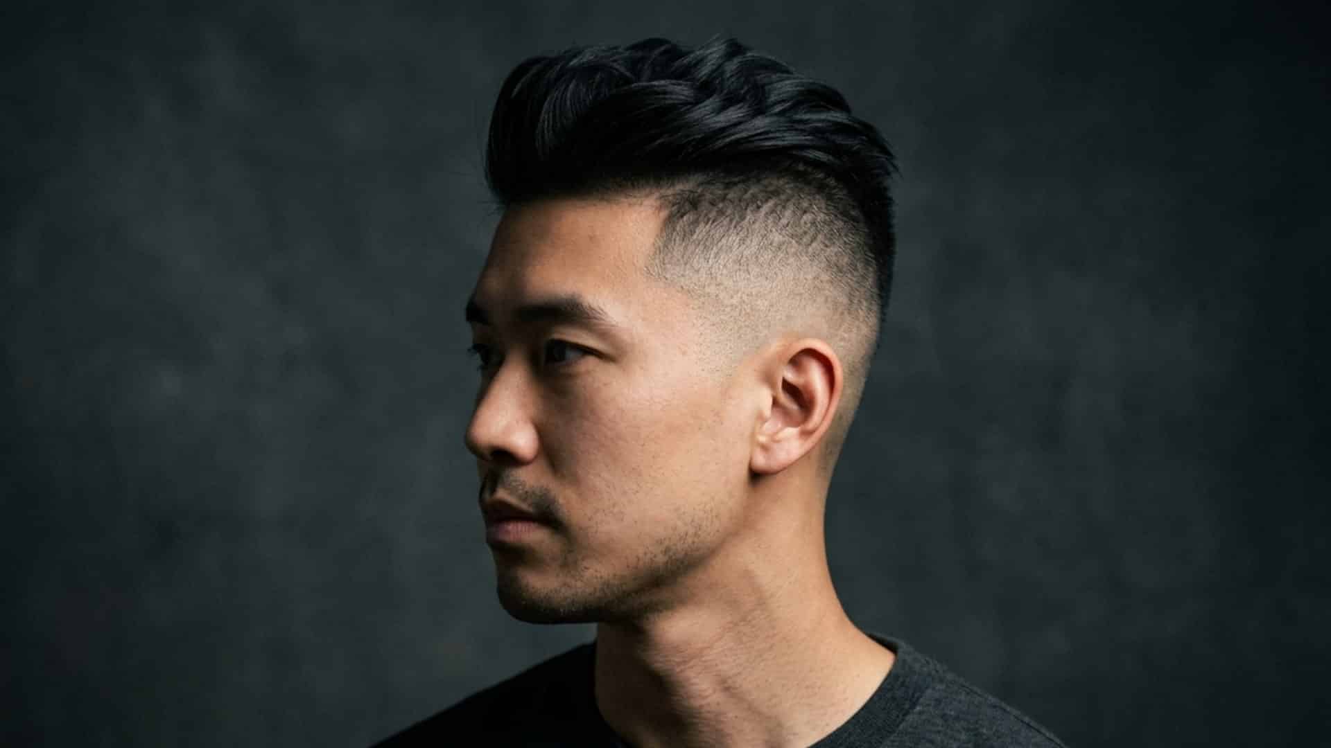 Profile of a man with a short undercut and voluminous dark hair on top against a dark studio background
