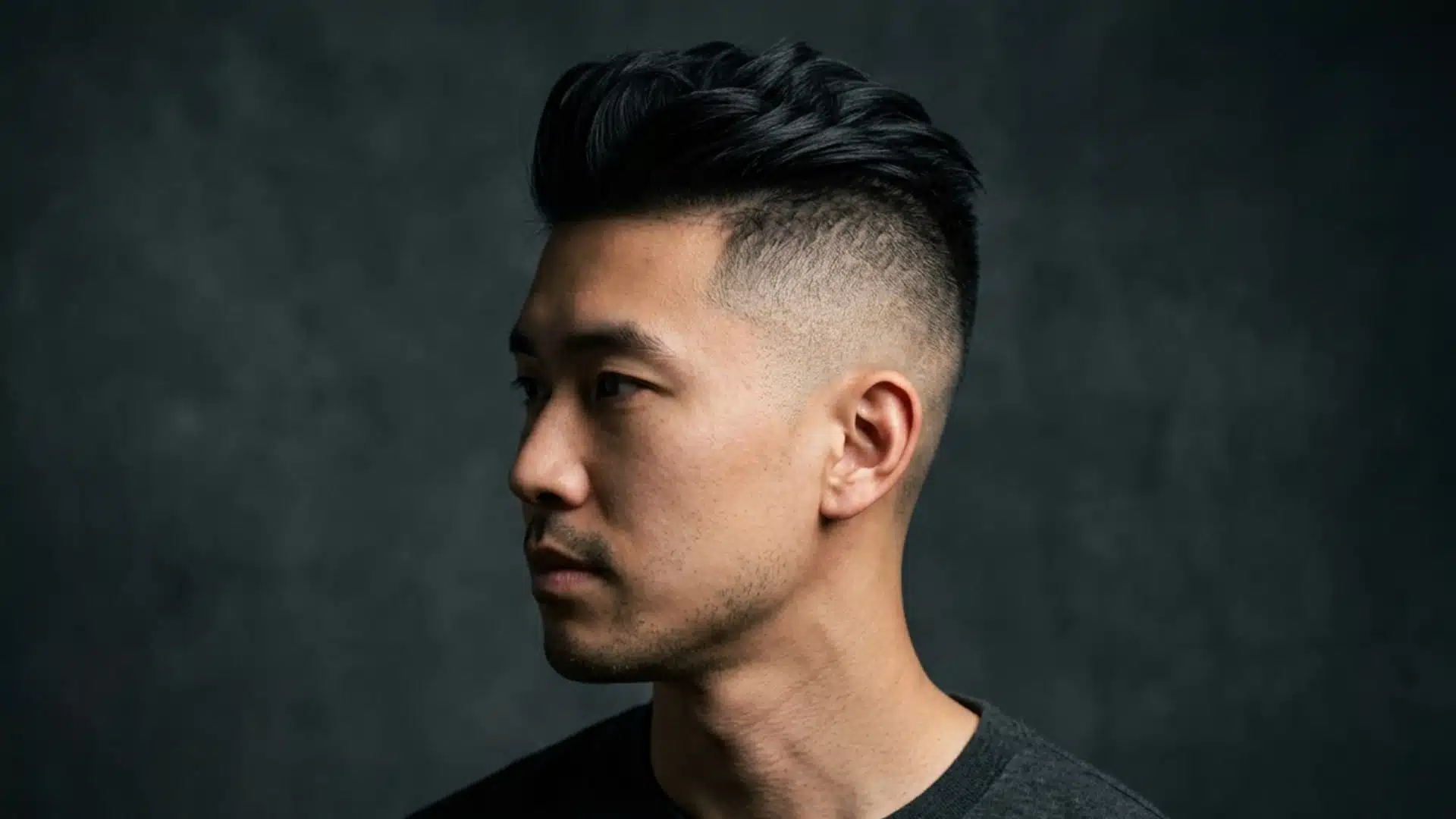 Profile of a man with a short undercut and voluminous dark hair on top against a dark studio background