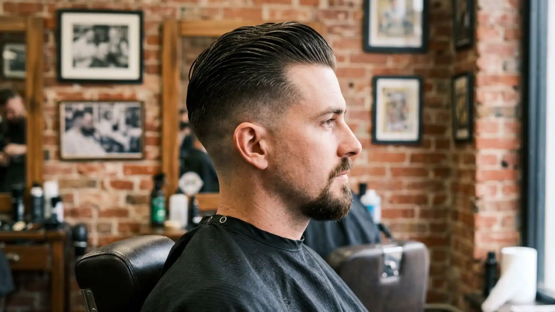 Profile of a man with slicked-back hair, a sharp skin fade, and a goatee sitting in a rustic barbershop