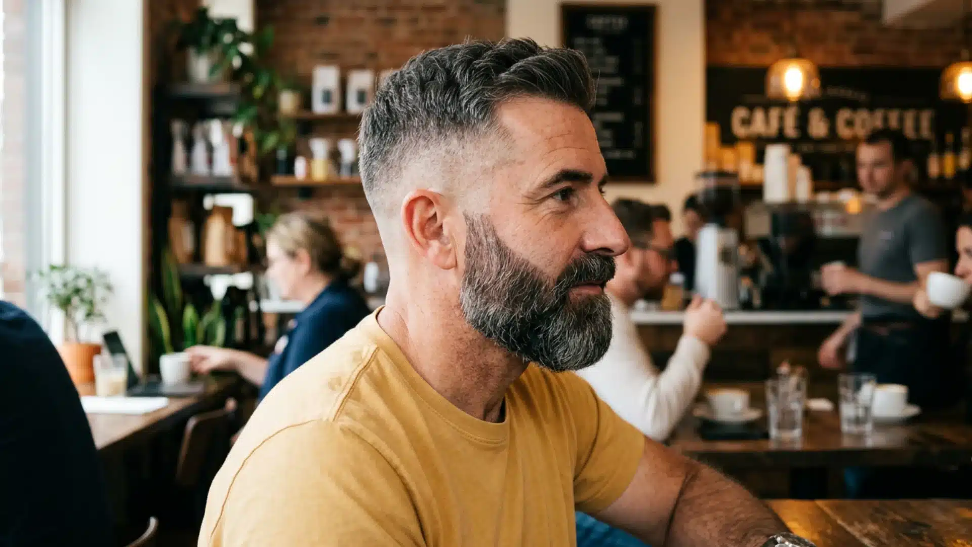 Profile of a mature man with a textured crew cut, skin fade, and thick grey beard sitting inside a cafe