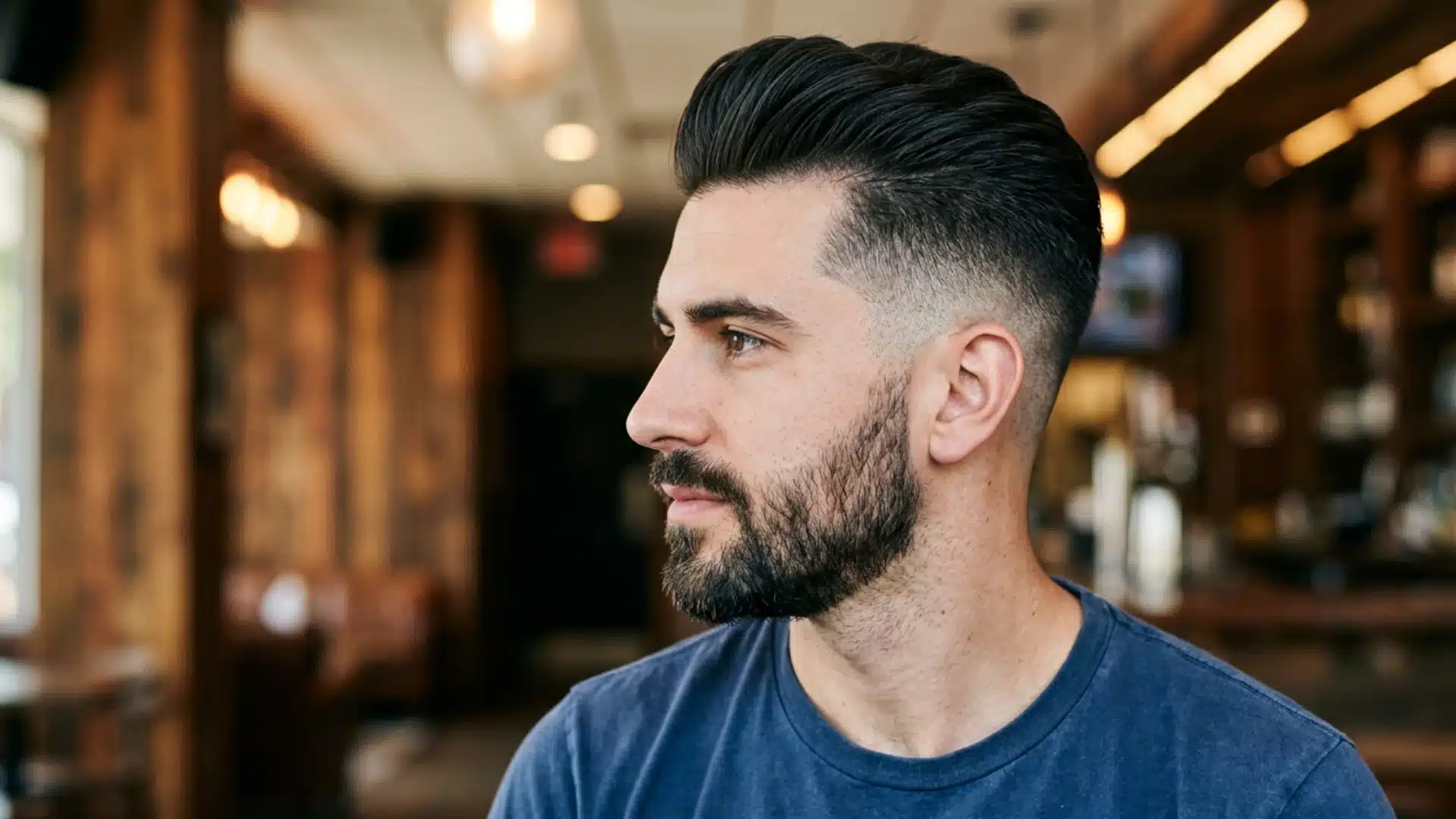 Profile view of a man showcasing a neatly styled pompadour haircut with a sharp mid-skin fade and a well-groomed beard