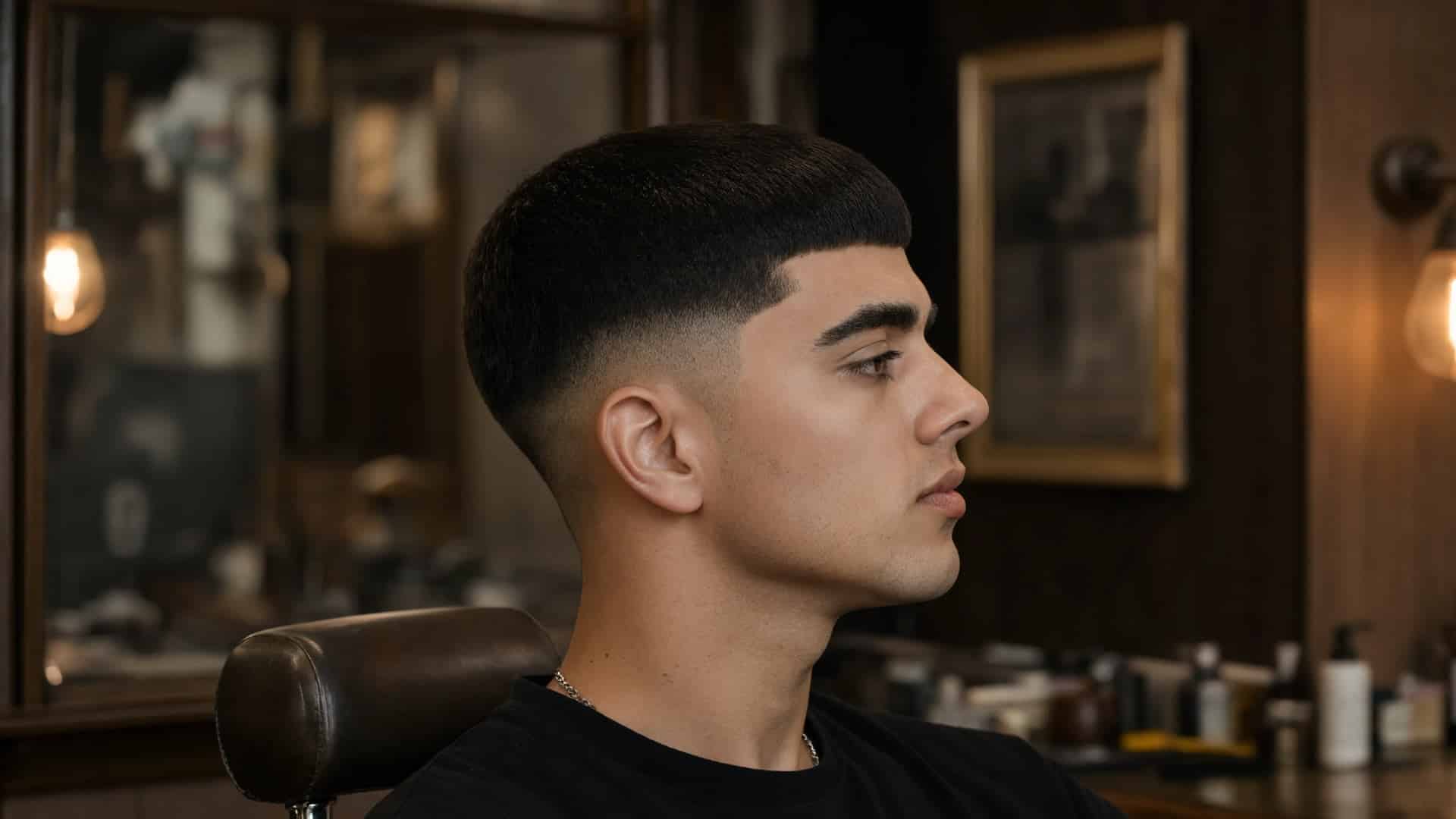Profile view of a man with a modern Caesar cut and a sharp skin fade in a barbershop