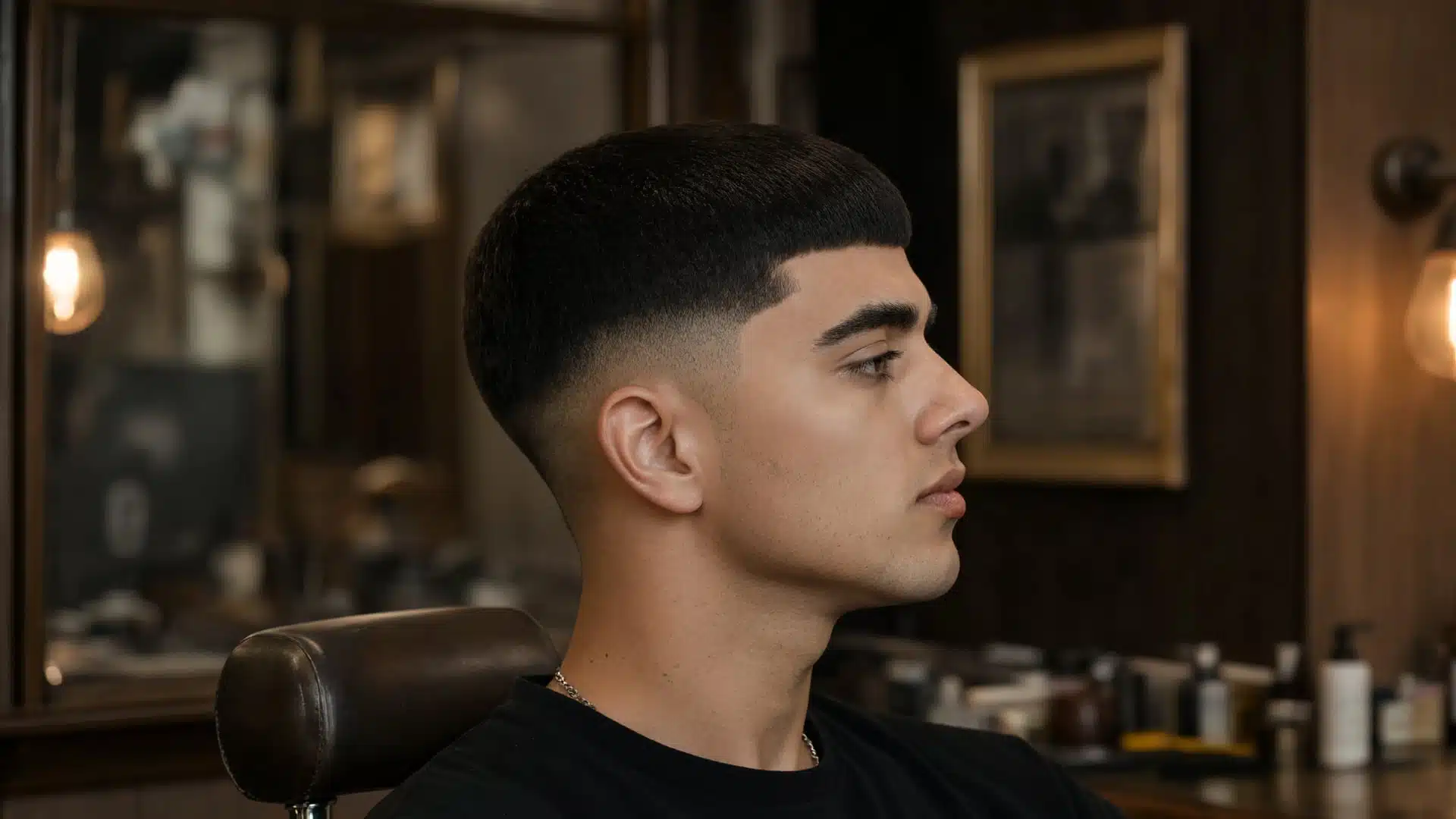 Profile view of a man with a modern Caesar cut and a sharp skin fade in a barbershop