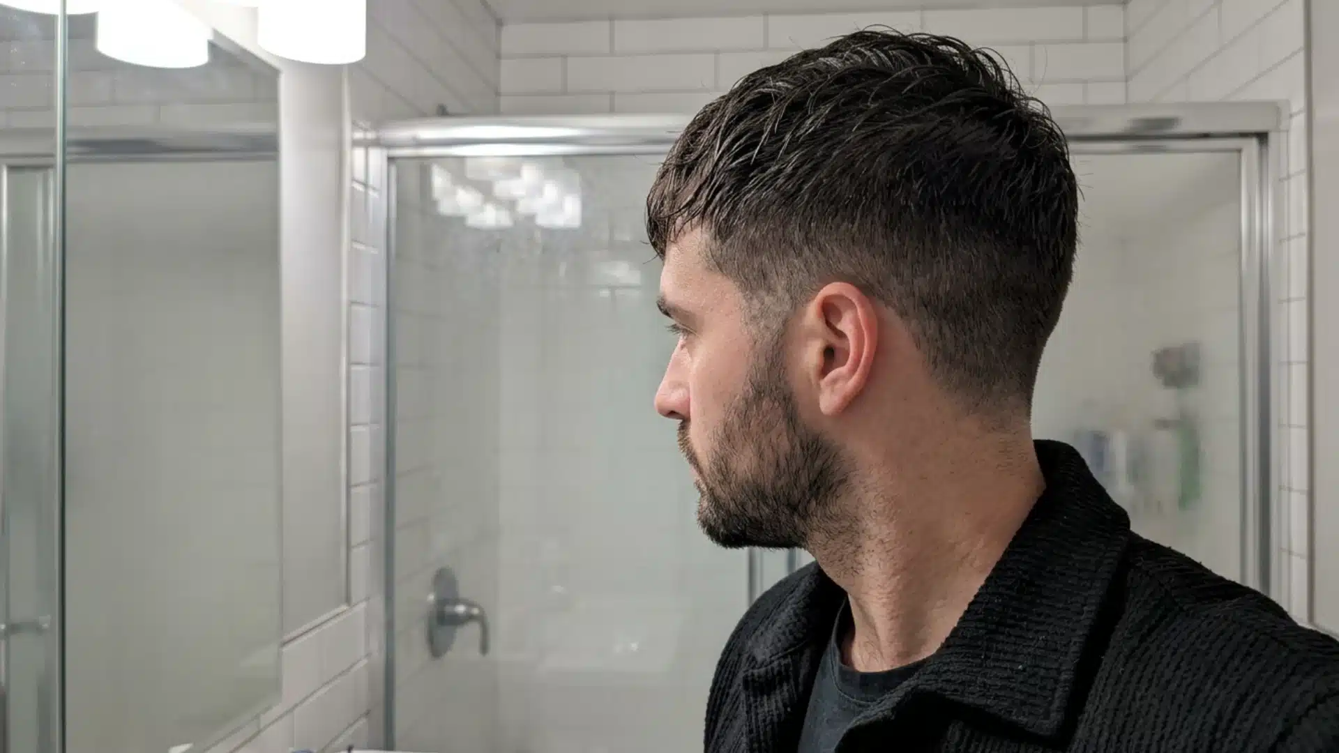 Profile view of a man with textured, styled short hair and a short beard looking into a bathroom mirror