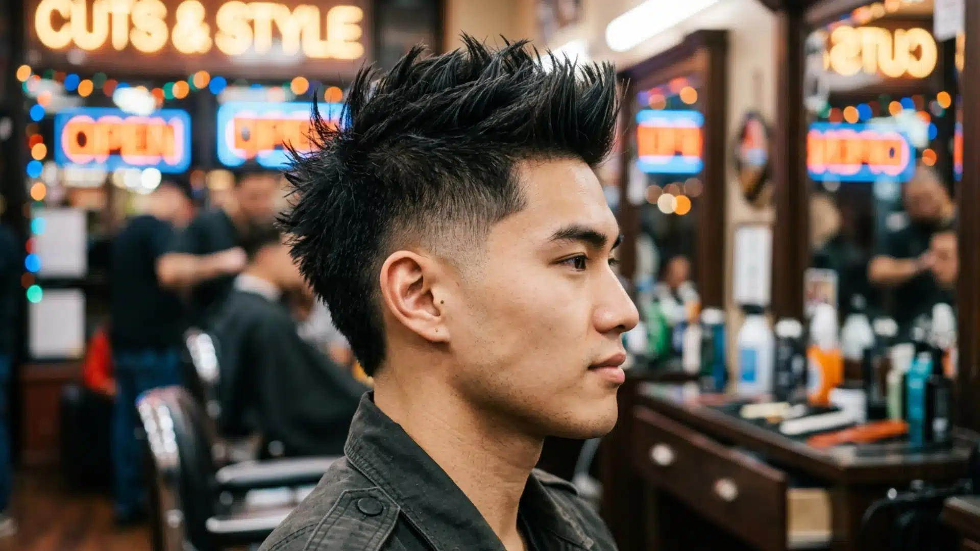Profile view of a young Asian man showcasing a spiky, textured faux hawk haircut with a clean fade inside a brightly lit barbershop