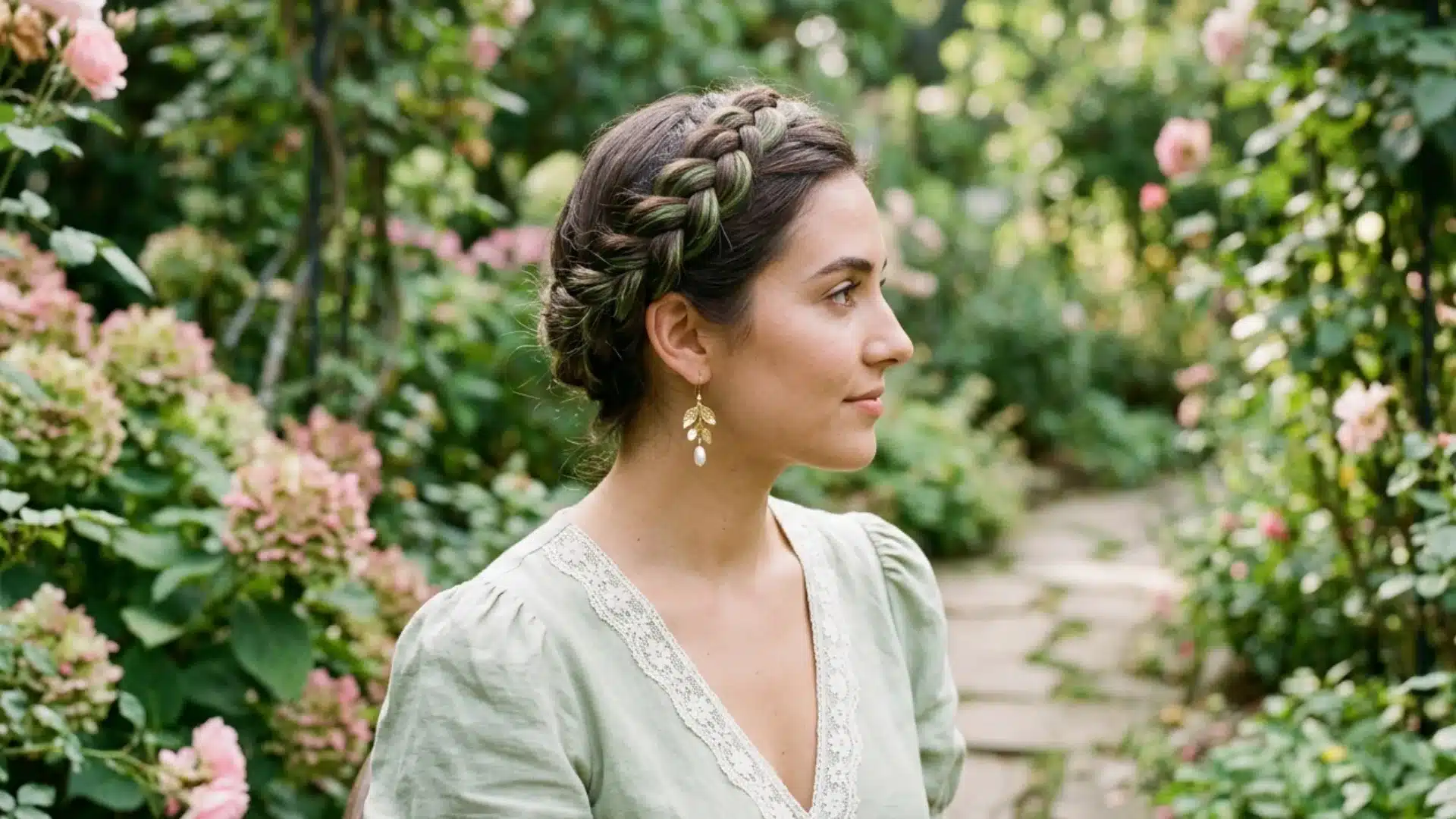 Profile of a woman with a braided updo and green dress sitting in a lush garden filled with pink flowers