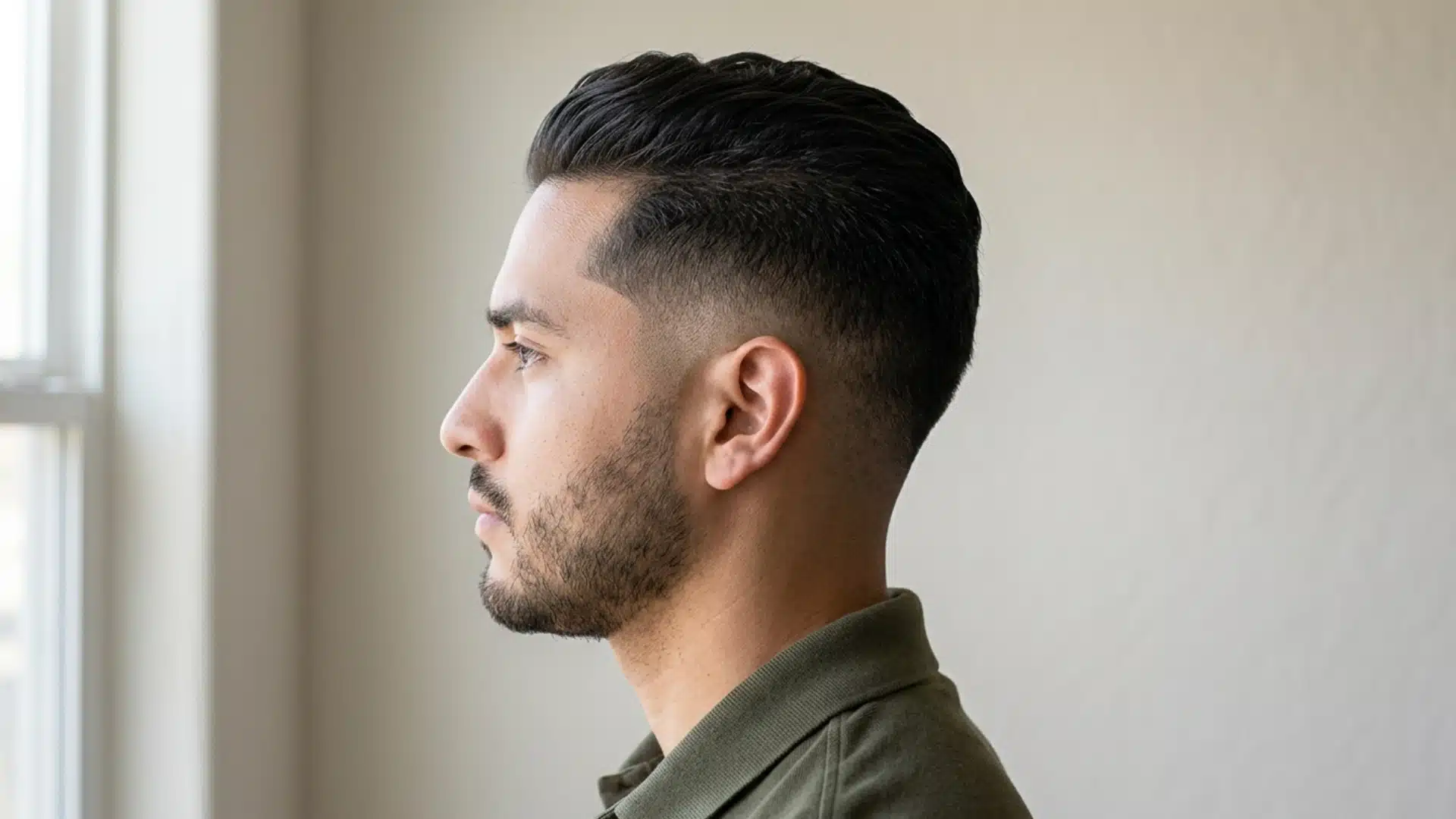 Pure side profile of low fade side swept crew cut, fade start point above the ear clearly visible