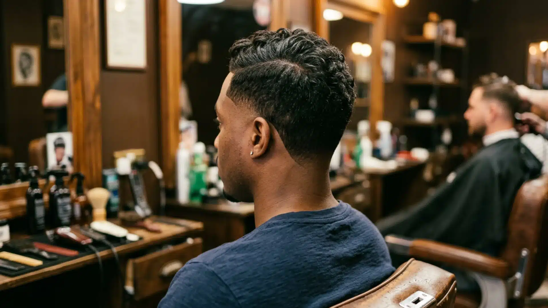 Rear barbershop shot of drop fade side swept crew cut, curved arc behind the ear clearly visible