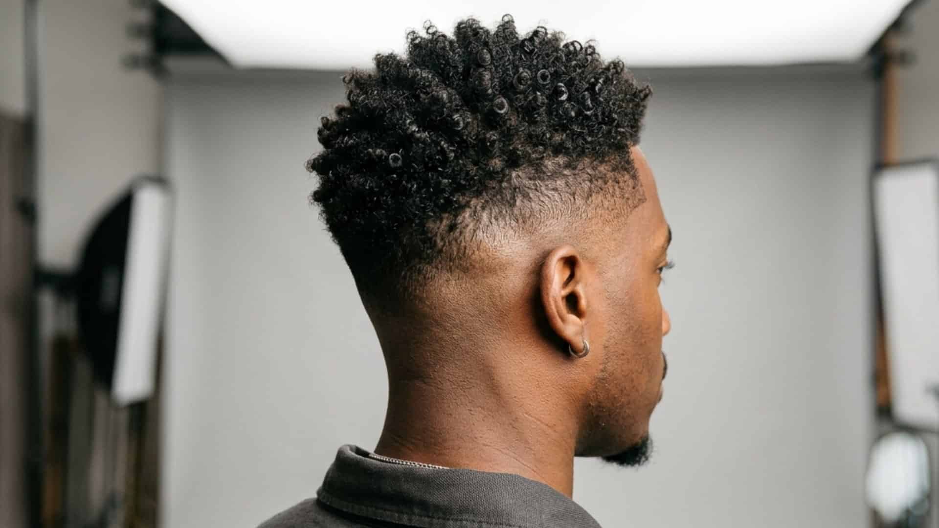 Rear profile of a man with curly hair and a clean burst fade in a photo studio