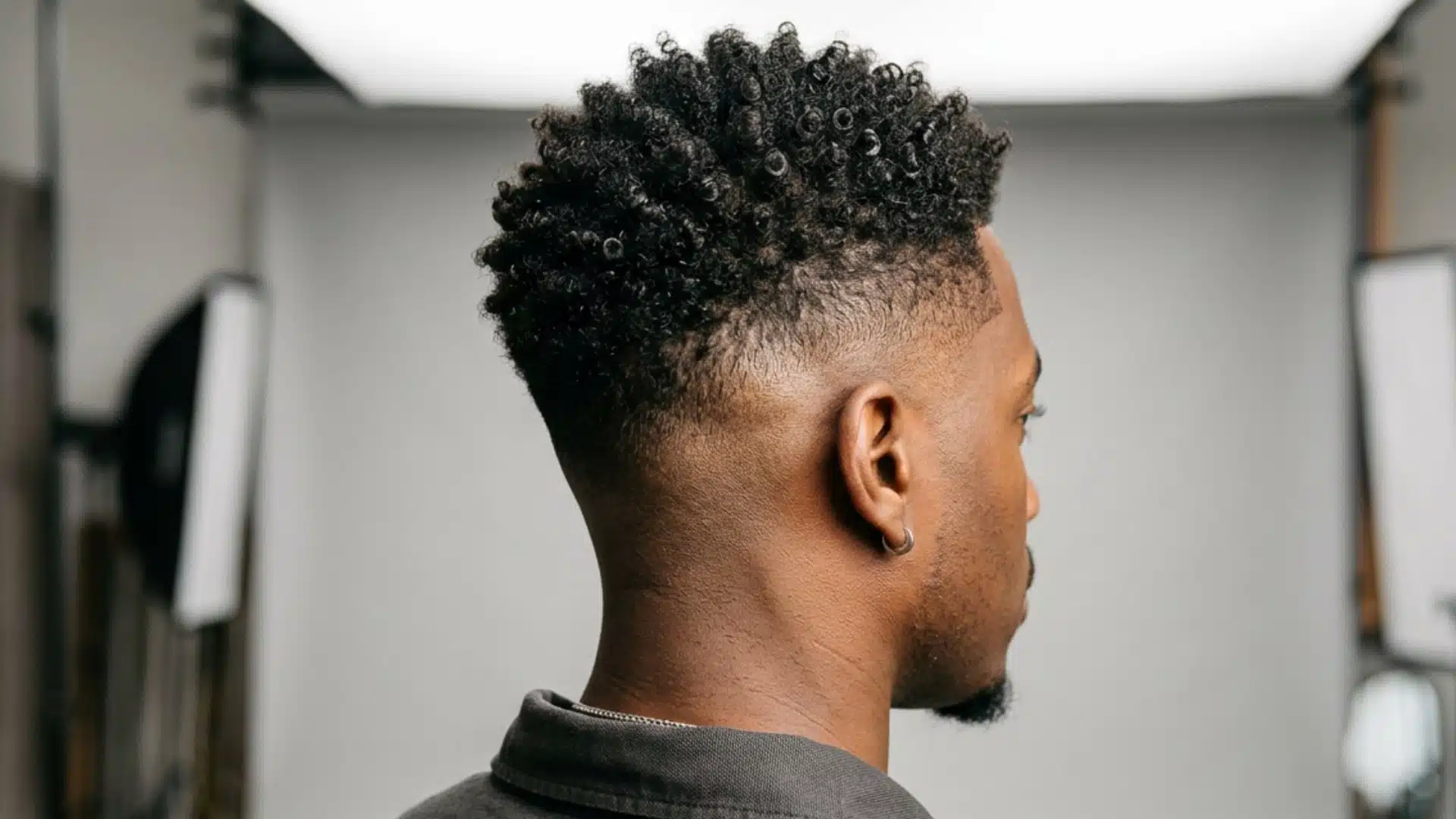 Rear profile of a man with curly hair and a clean burst fade in a photo studio