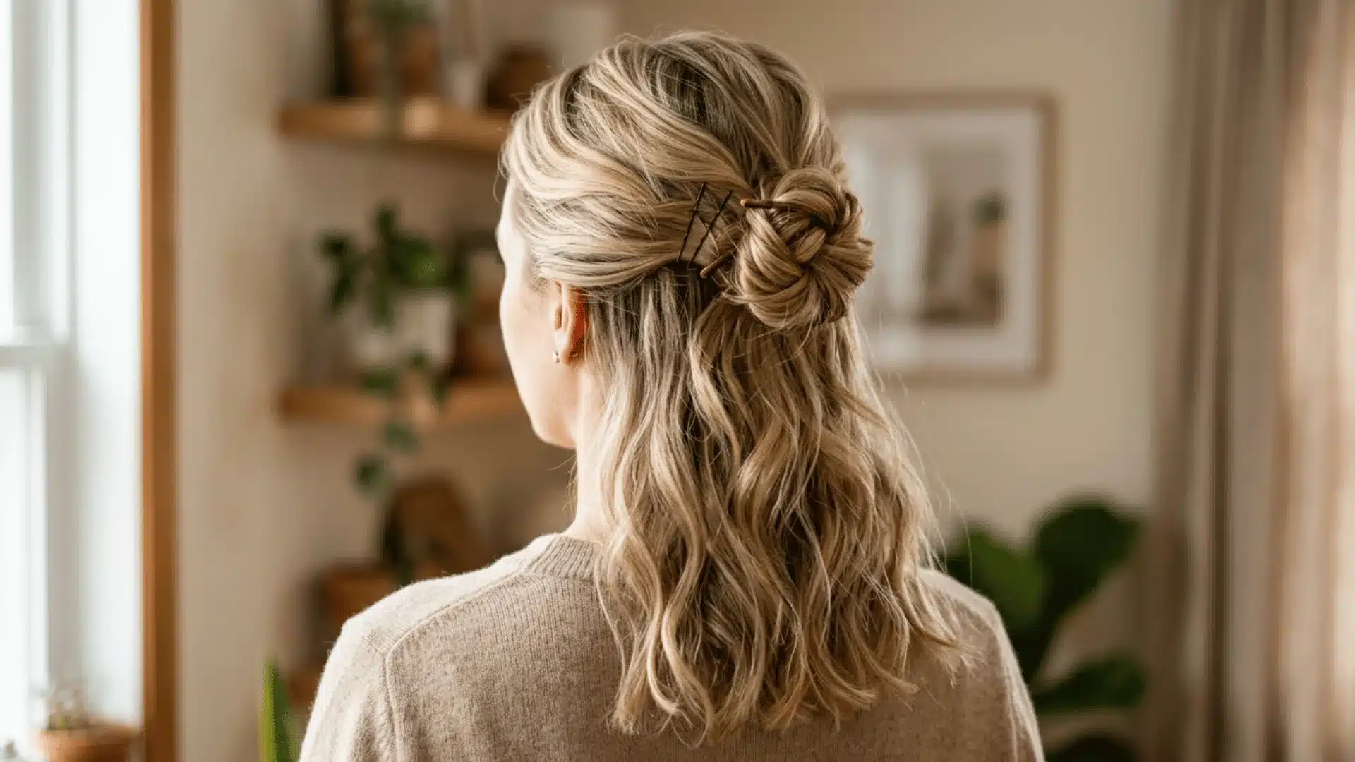 Rear view of a blonde woman wearing a beige sweater, with her wavy hair styled in a half-up bun secured by a hair stick indoors