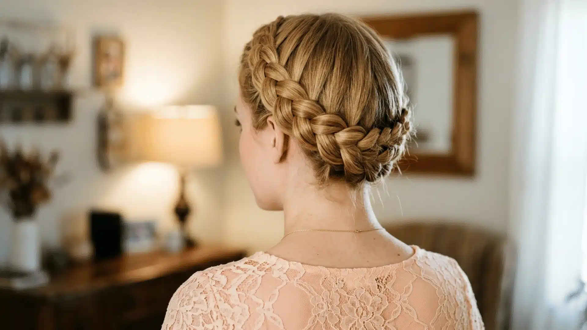 Rear view of a blonde woman wearing a pink lace top with her hair styled in a neat milkmaid crown braid
