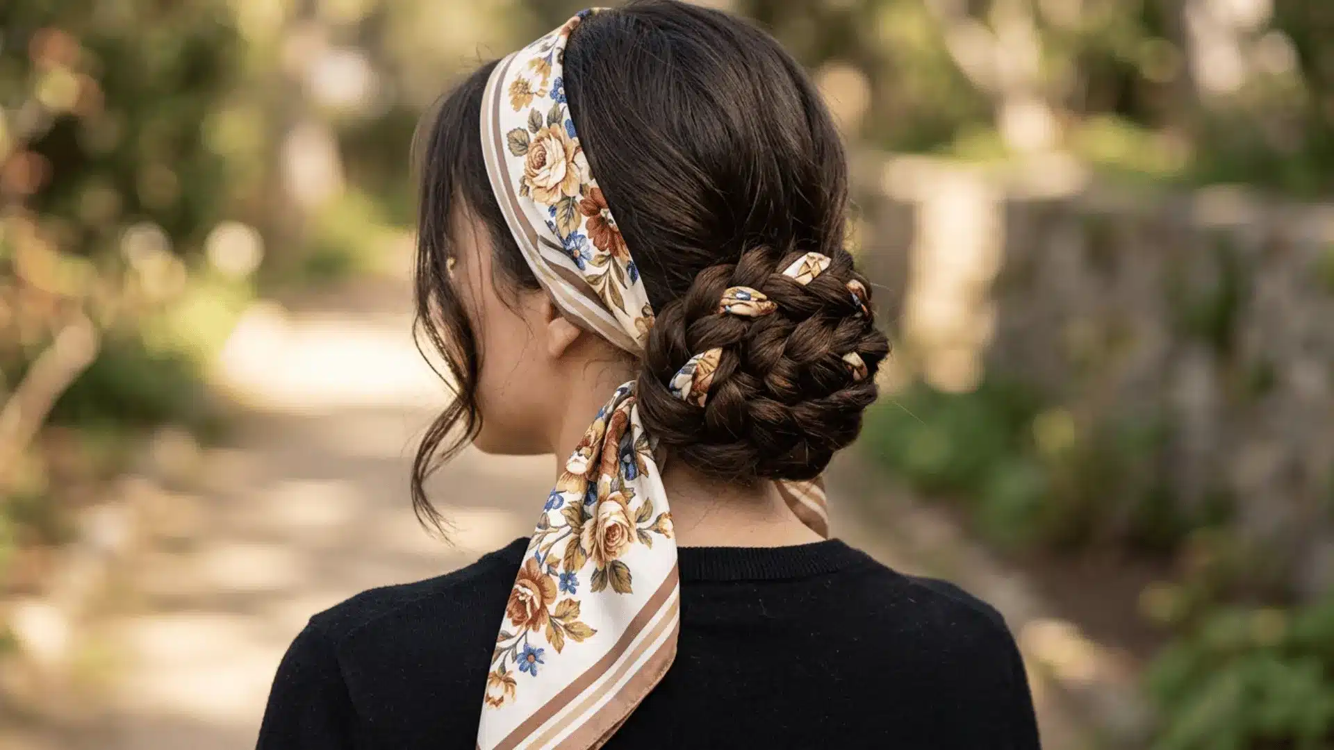 Rear view of a dark-haired woman wearing a black top, with her hair styled into an intricate braided bun that incorporates a floral silk scarf, outdoors