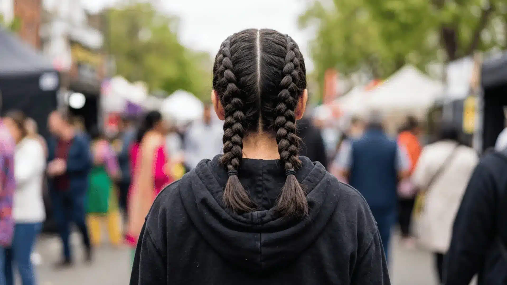 Rear view of a person with dark hair styled into two tight, symmetrical braids, walking through a crowded street market