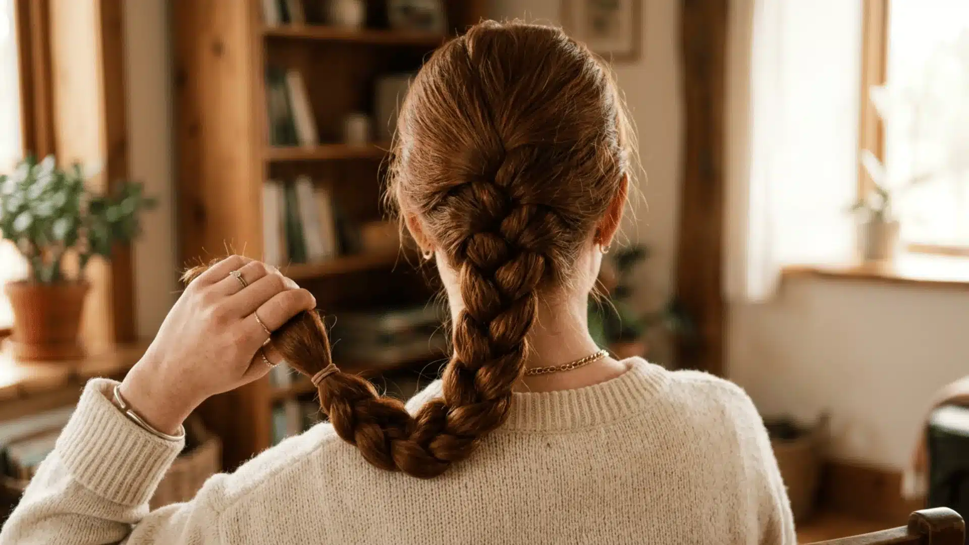 Rear view of a reddish-brown haired woman holding her thick French braid over her shoulder indoors
