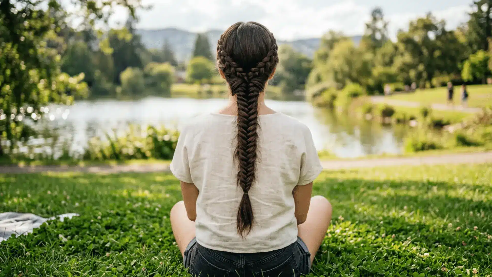 Rear view of a woman with an intricate fishtail braid sitting on the grass facing a calm lake in a park