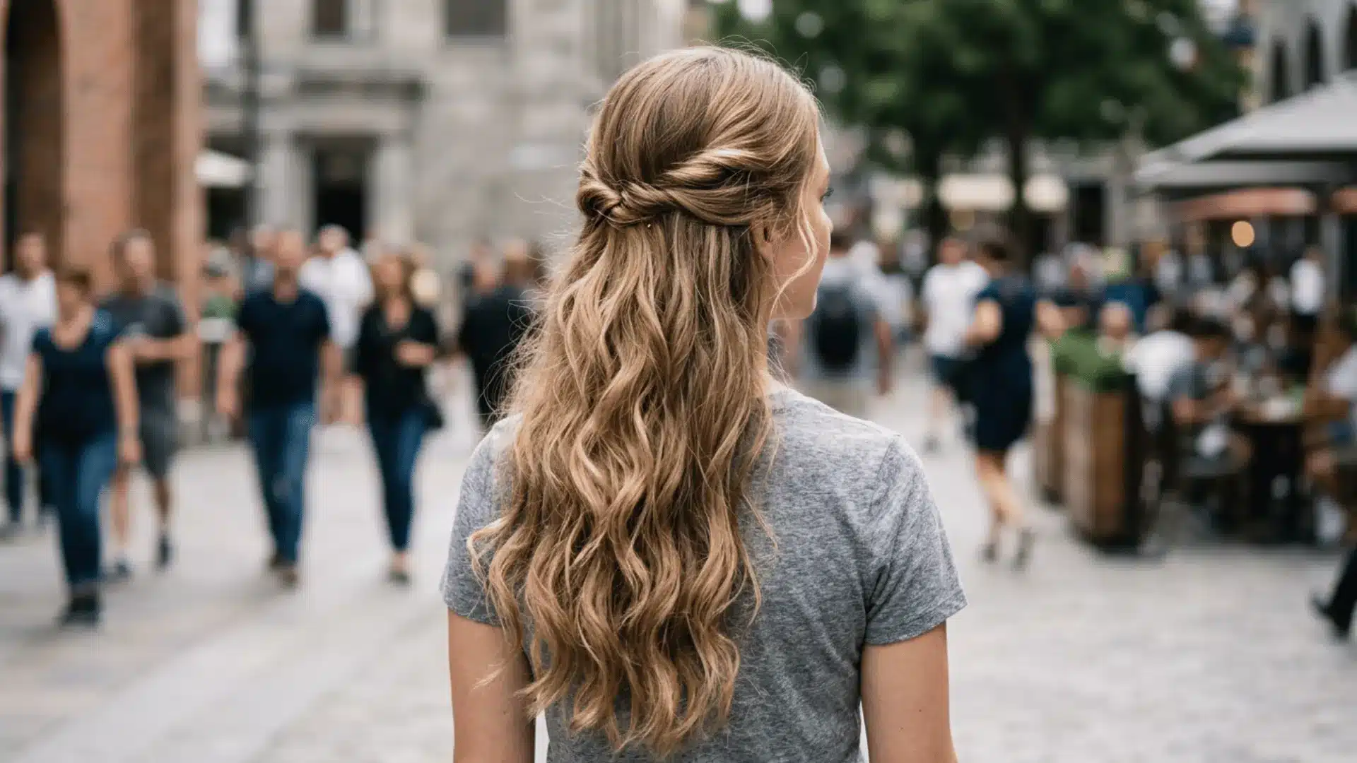 Rear view of a woman with long, wavy blonde hair styled in a twisted half-up look on a busy city street.