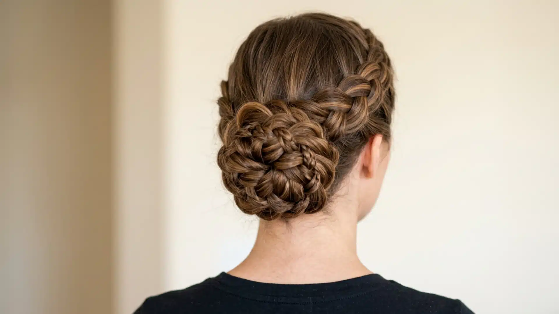 Rear view of a person with brown hair styled in an elegant braided crown leading into an intricate braided low bunwebp