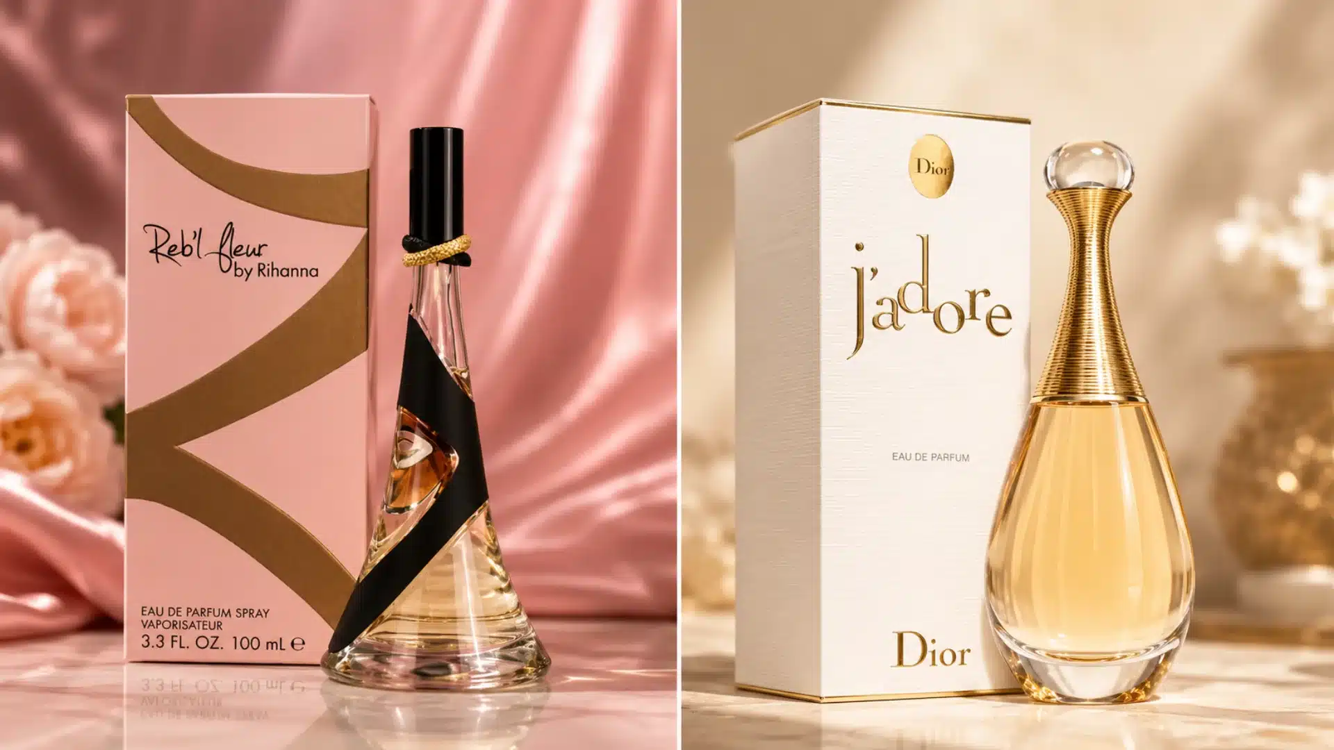Reb'l Fleur and Dior J'Adore perfume bottles in a split-screen luxury display