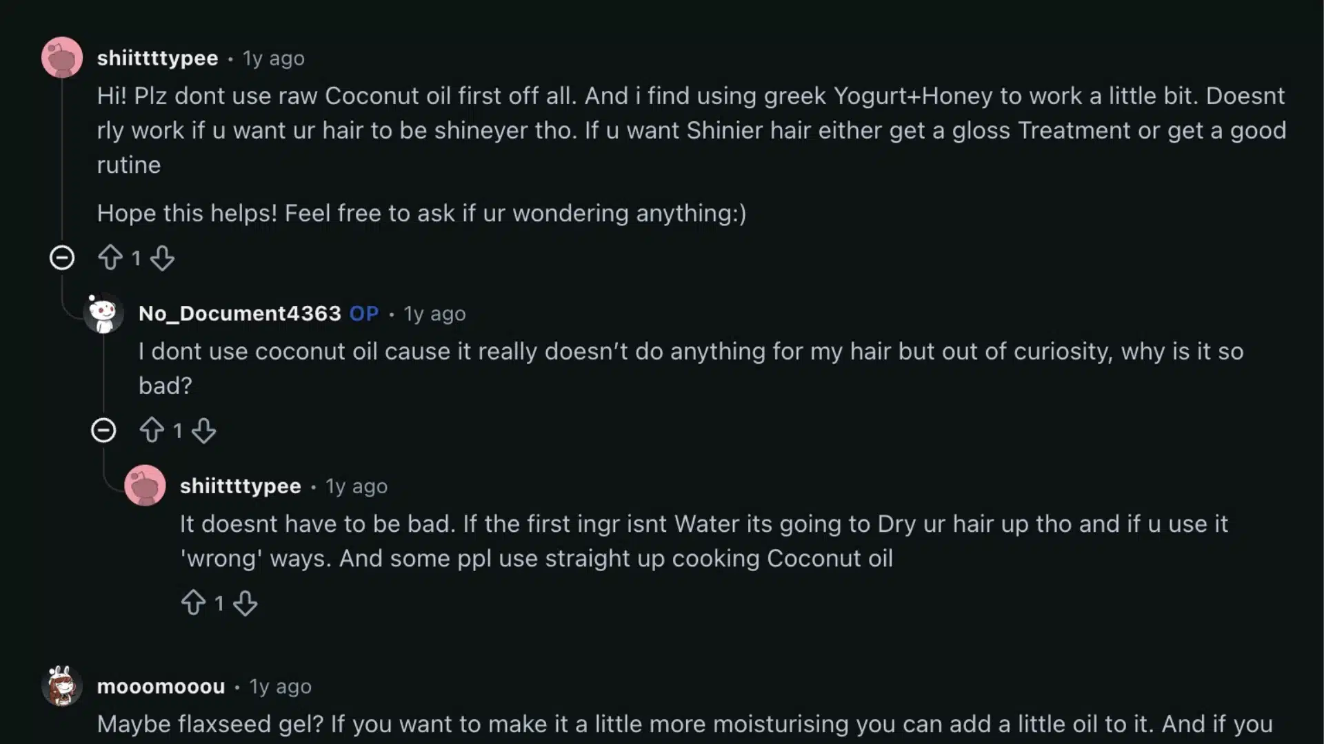 Reddit comments discussing DIY hair masks with coconut oil, yogurt, honey, and flaxseed gel suggestions