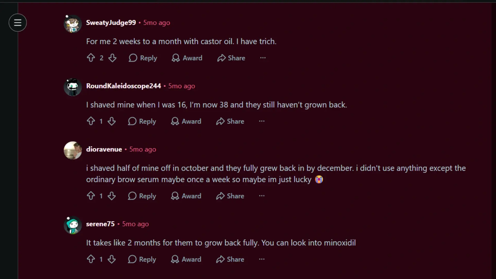 Reddit discussion about how long do eyebrows take to grow back