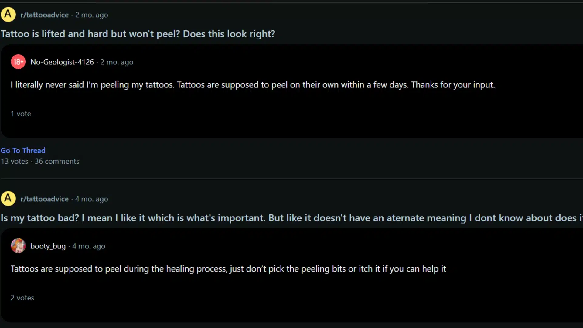 Reddit discussion about tattoo peeling