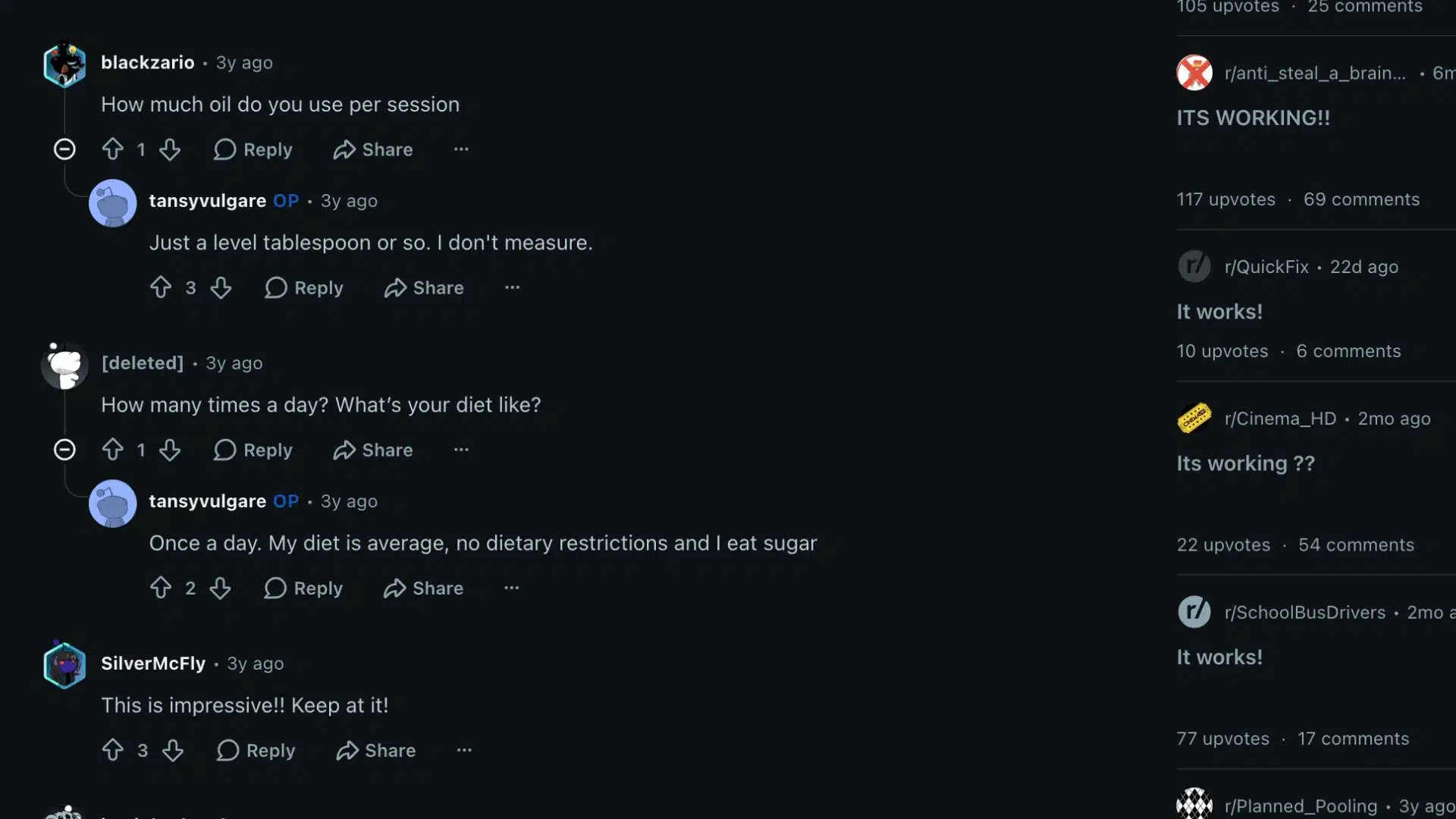 Reddit discussion screenshot showing users sharing experiences and opinions on oil pulling effectiveness
