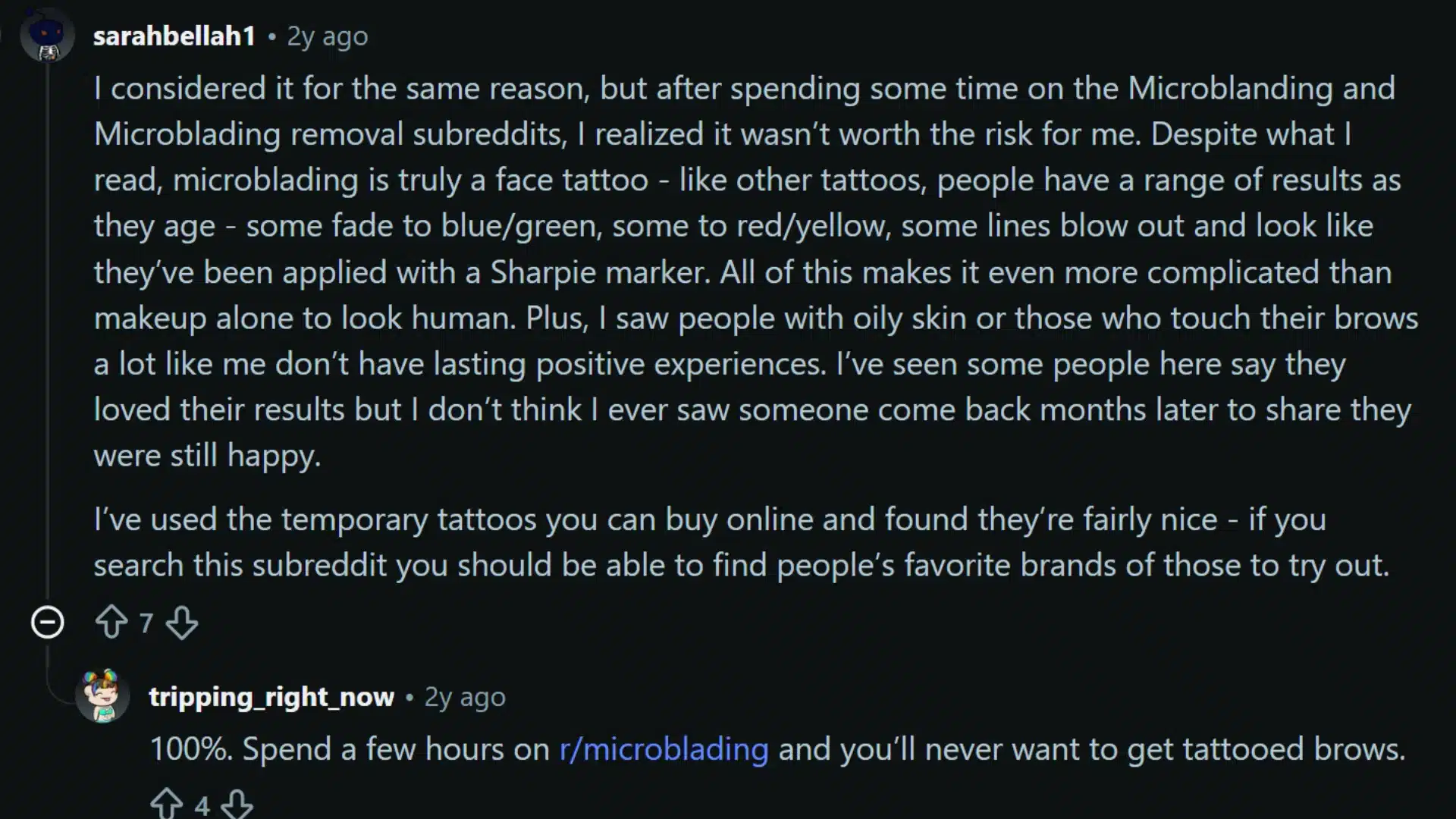 Reddit thread debating the long-term risks and fading of microblading.
