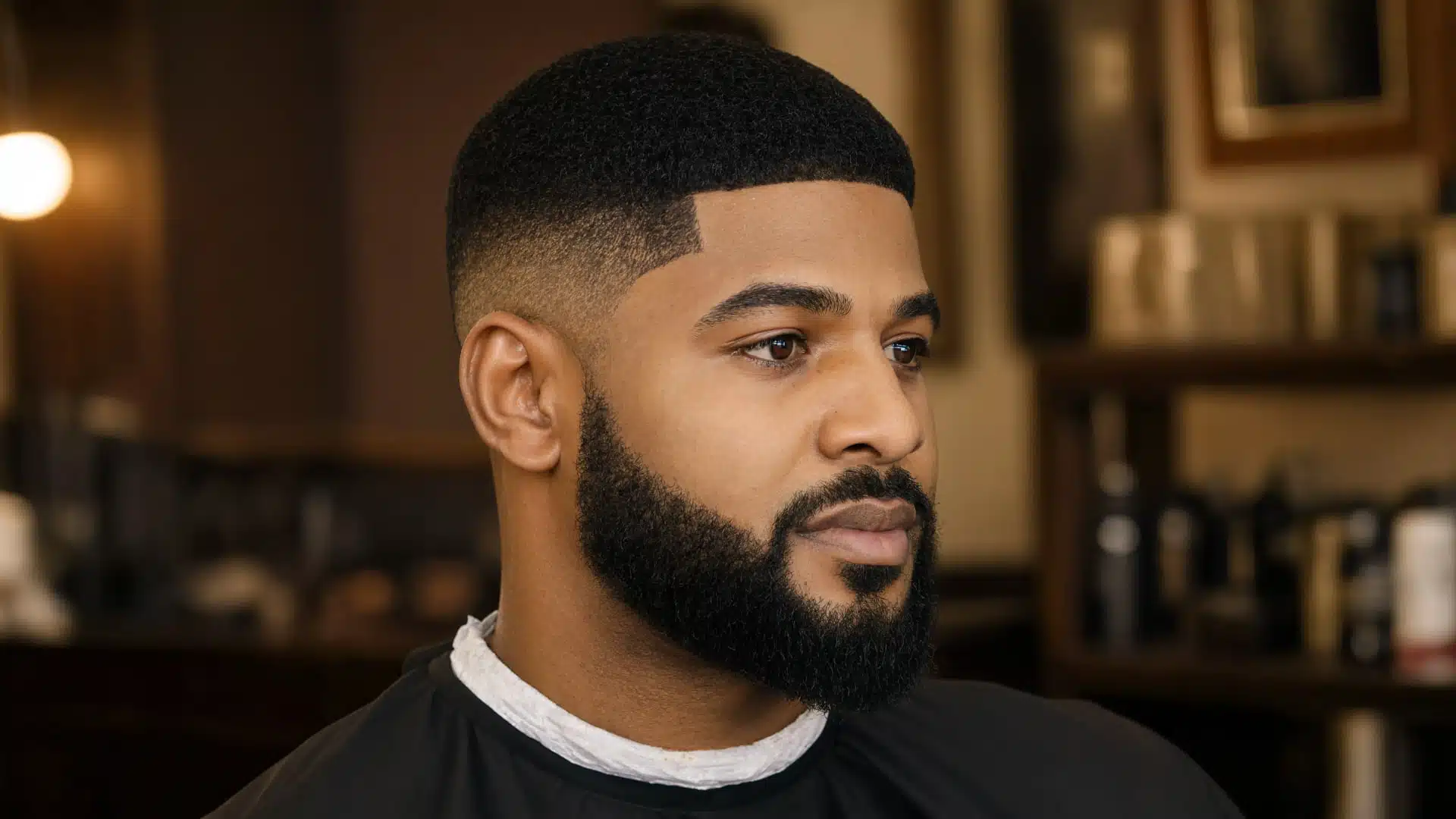 short Caesar haircut, sharp skin fade, and a neatly trimmed, full beard