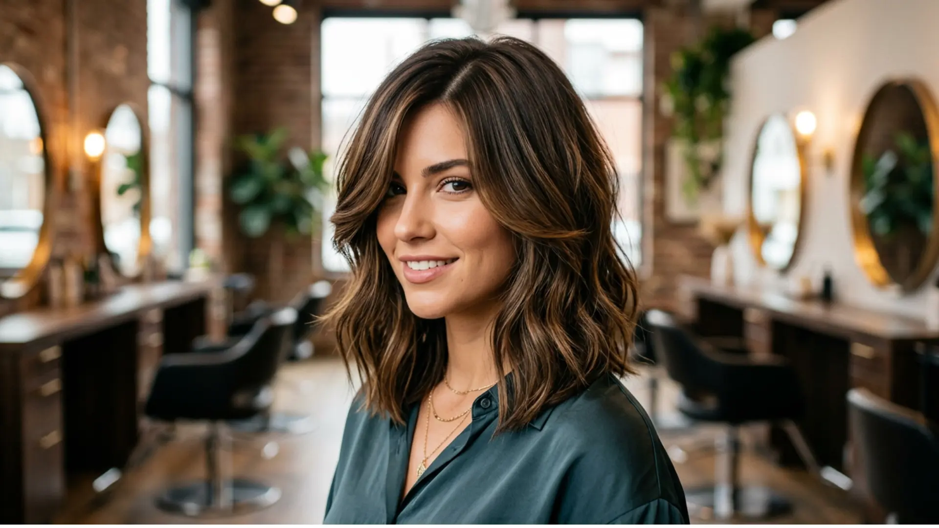 Side-parted hairstyle with layers framing the face and adding width.