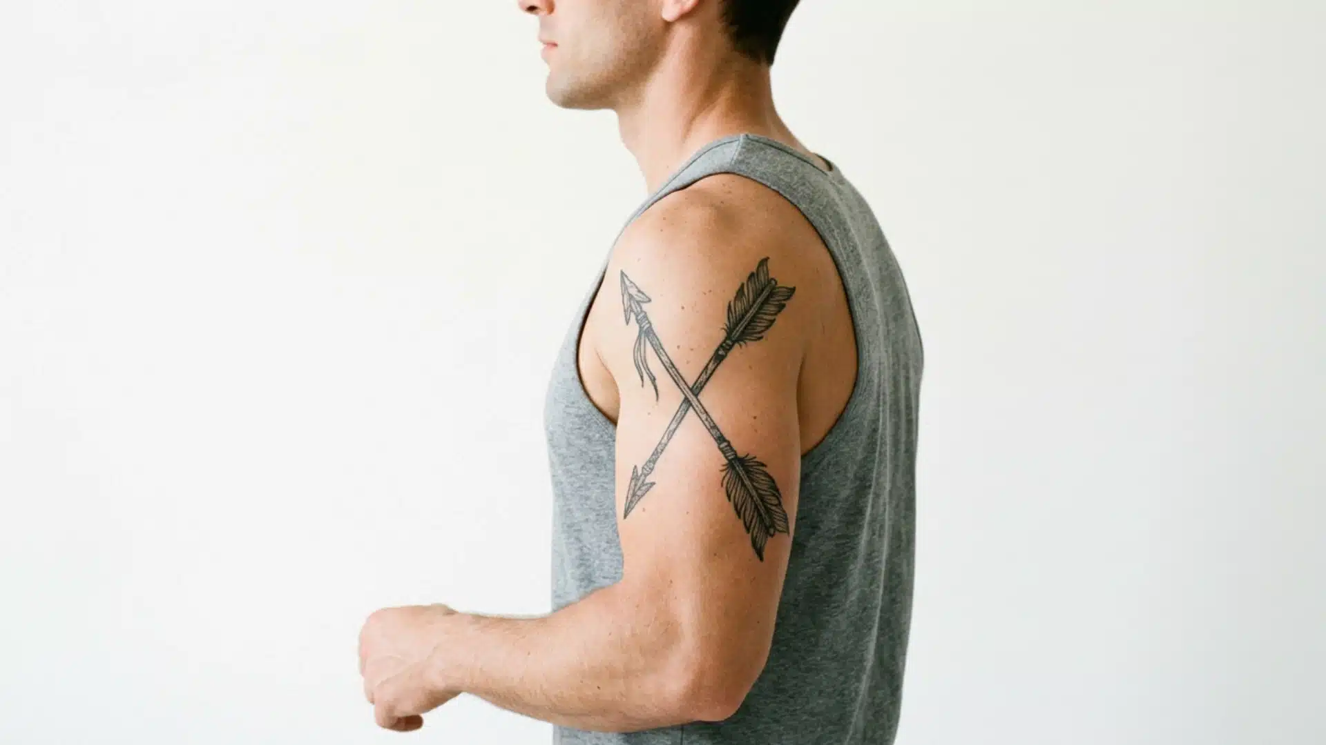 Side profile of a man in a grey tank top, showing a detailed tattoo of two crossed arrows on his upper arm