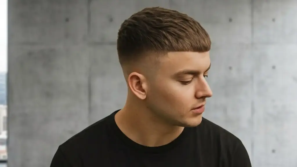 Side profile of a man with a Caesar haircut, blunt fringe, and high skin fade wearing a black T-shirt