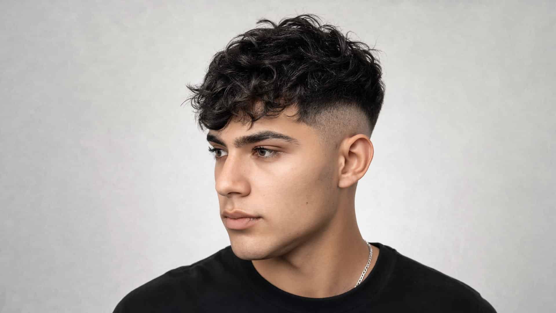 Side profile of a young man with a textured, wavy Caesar haircut and a high skin fade against a grey background